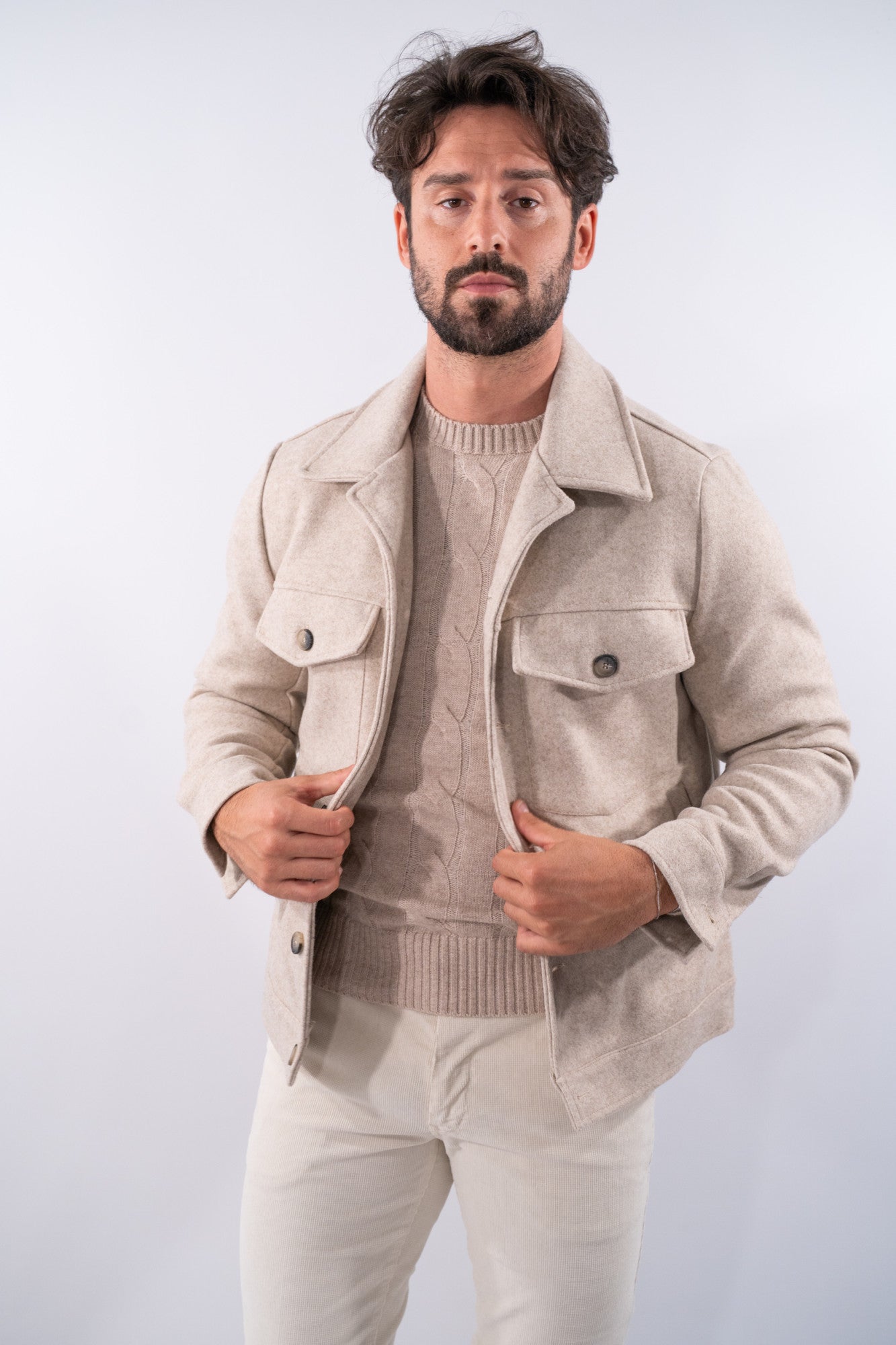 Giacca biker in panno con maxi tasche e bottoni