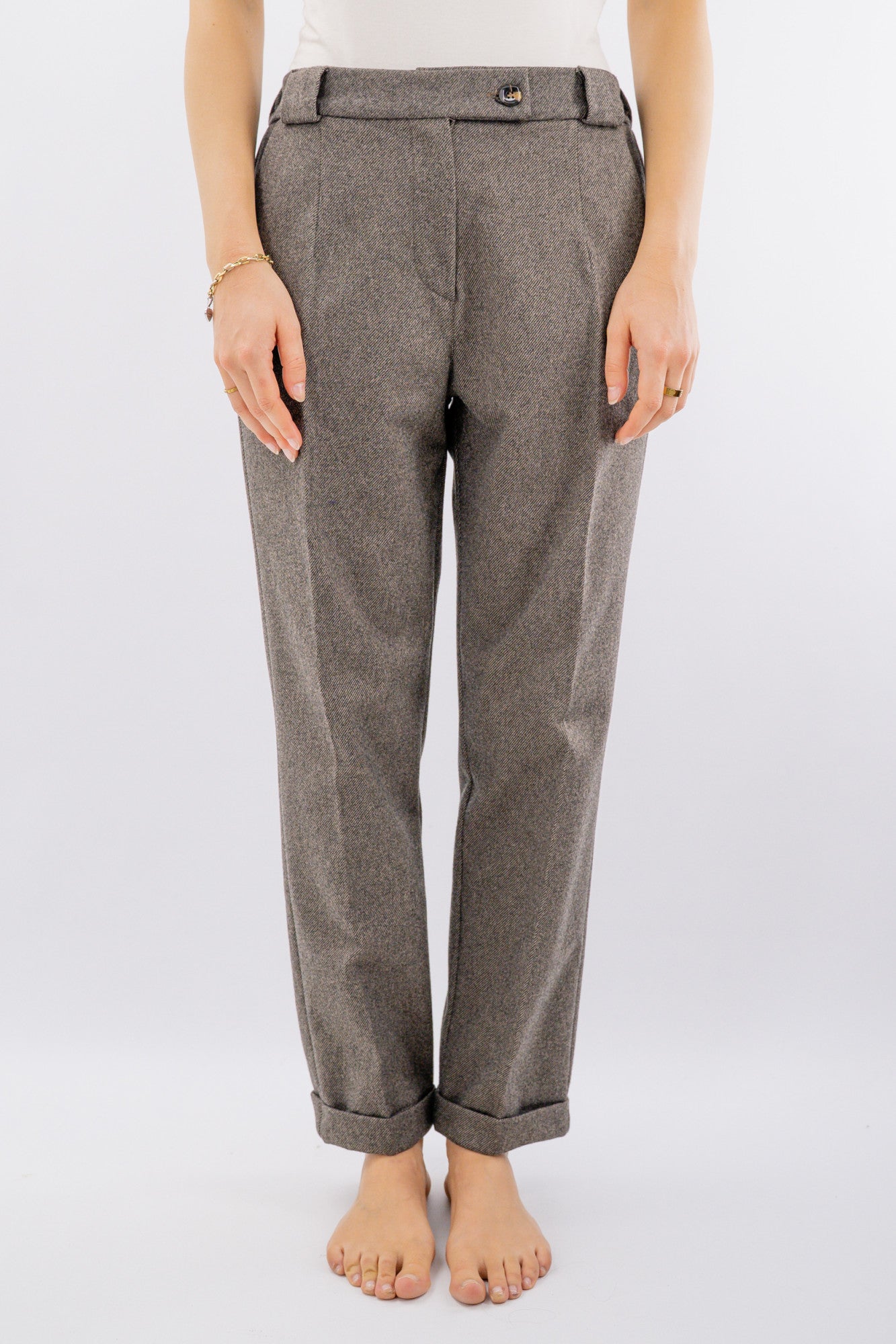 Pantalone vita alta in tessuto sale e pepe con risvolti