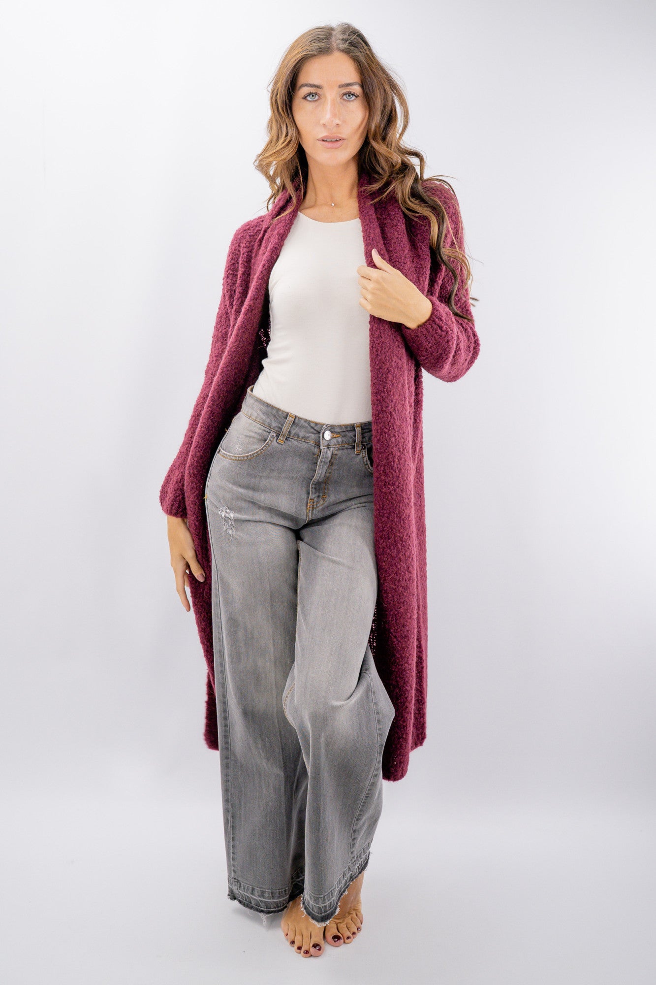 Cardigan lungo bouclé con tasche