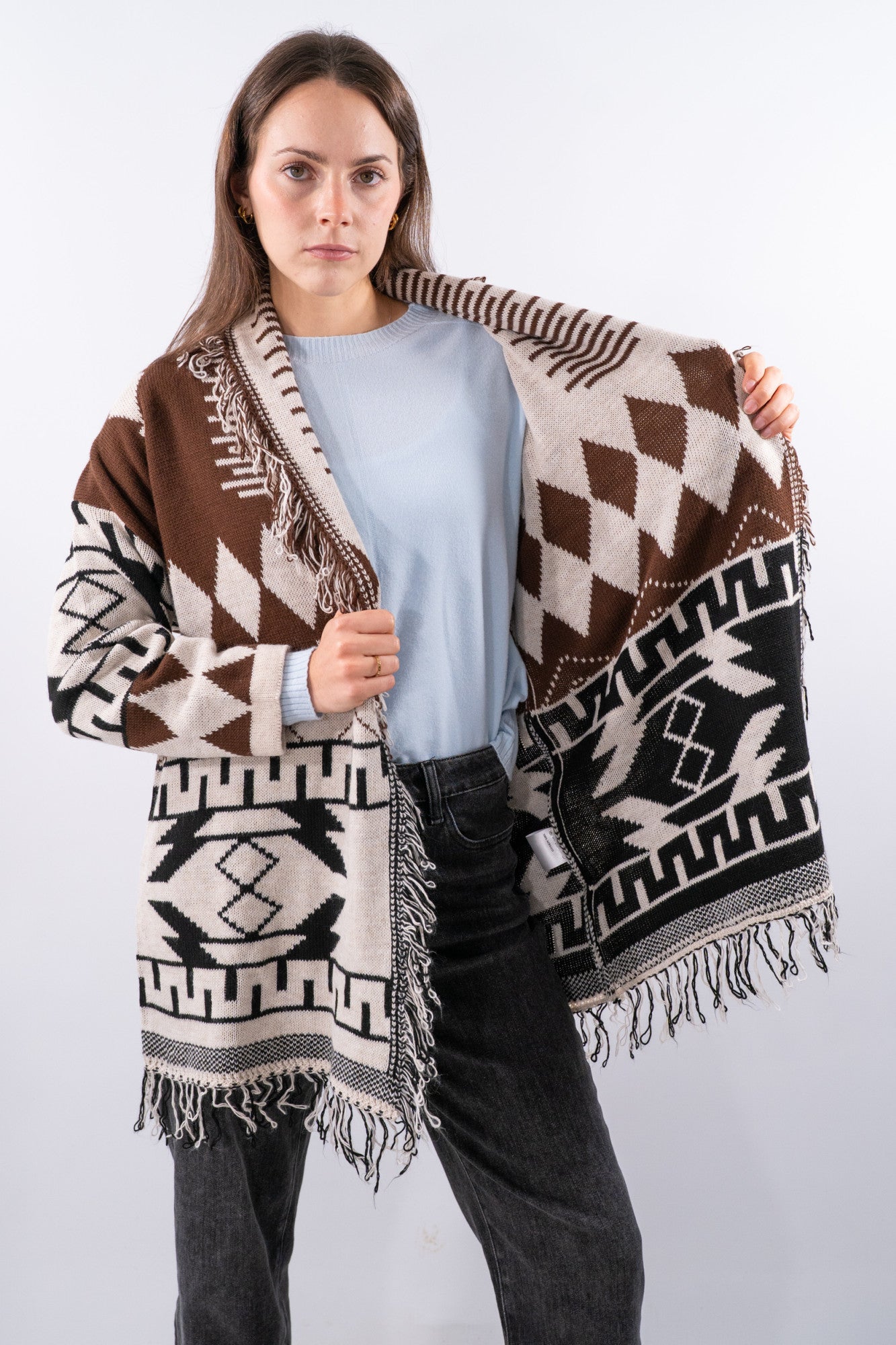 Cardigan aperto lungo con frange a contorno