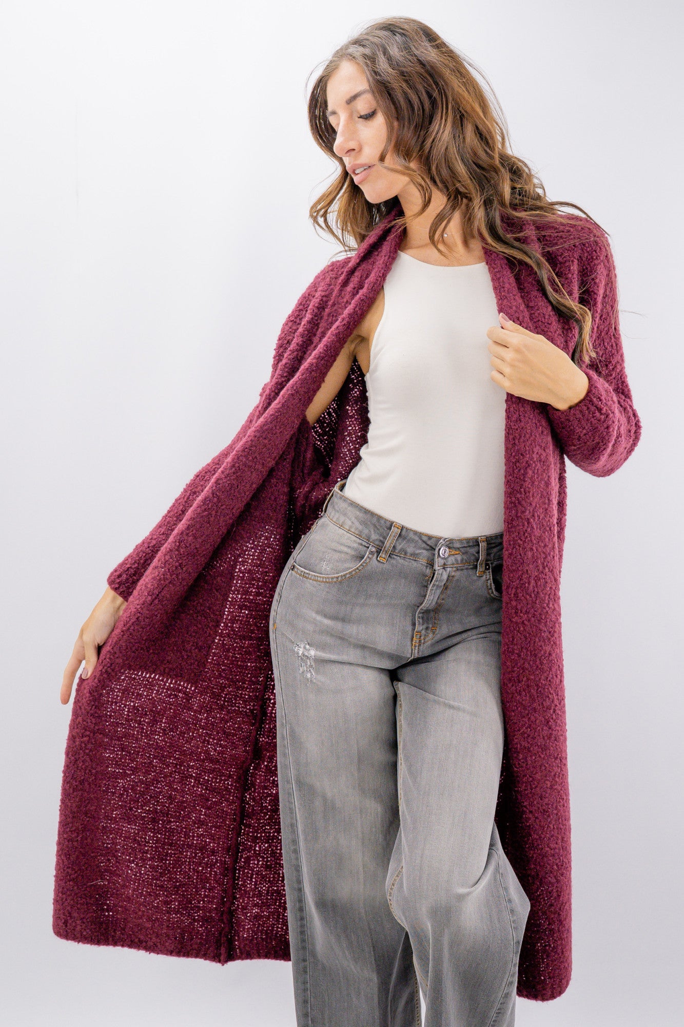 Cardigan lungo bouclé con tasche