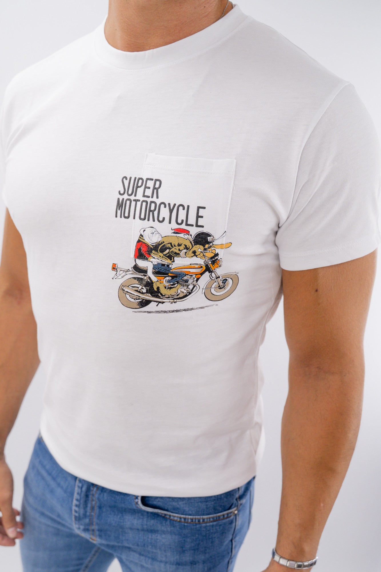 T-shirt "Super Motocycle" con taschino in cotone