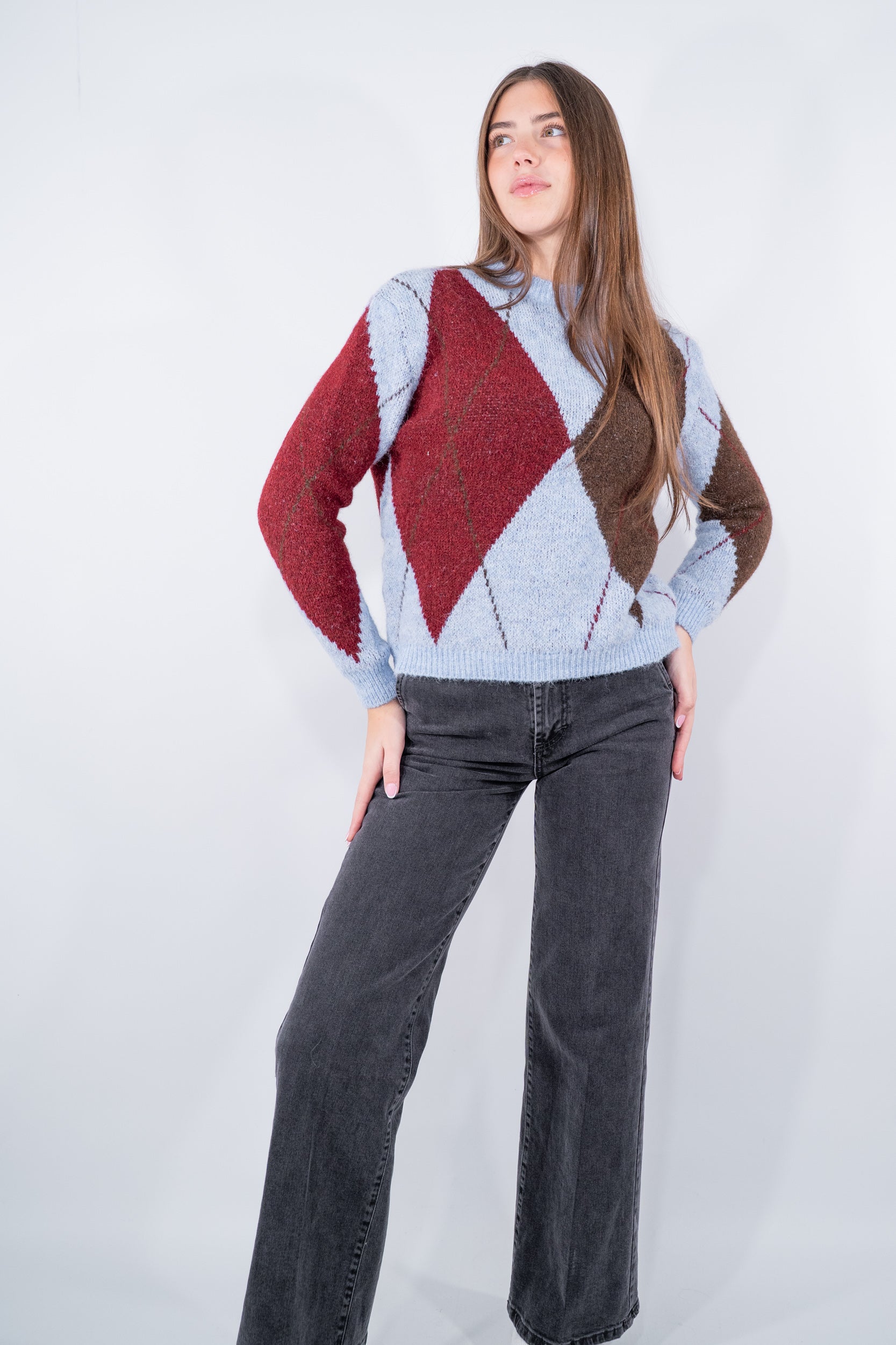 Maglia girocollo con lavorazione a rombi