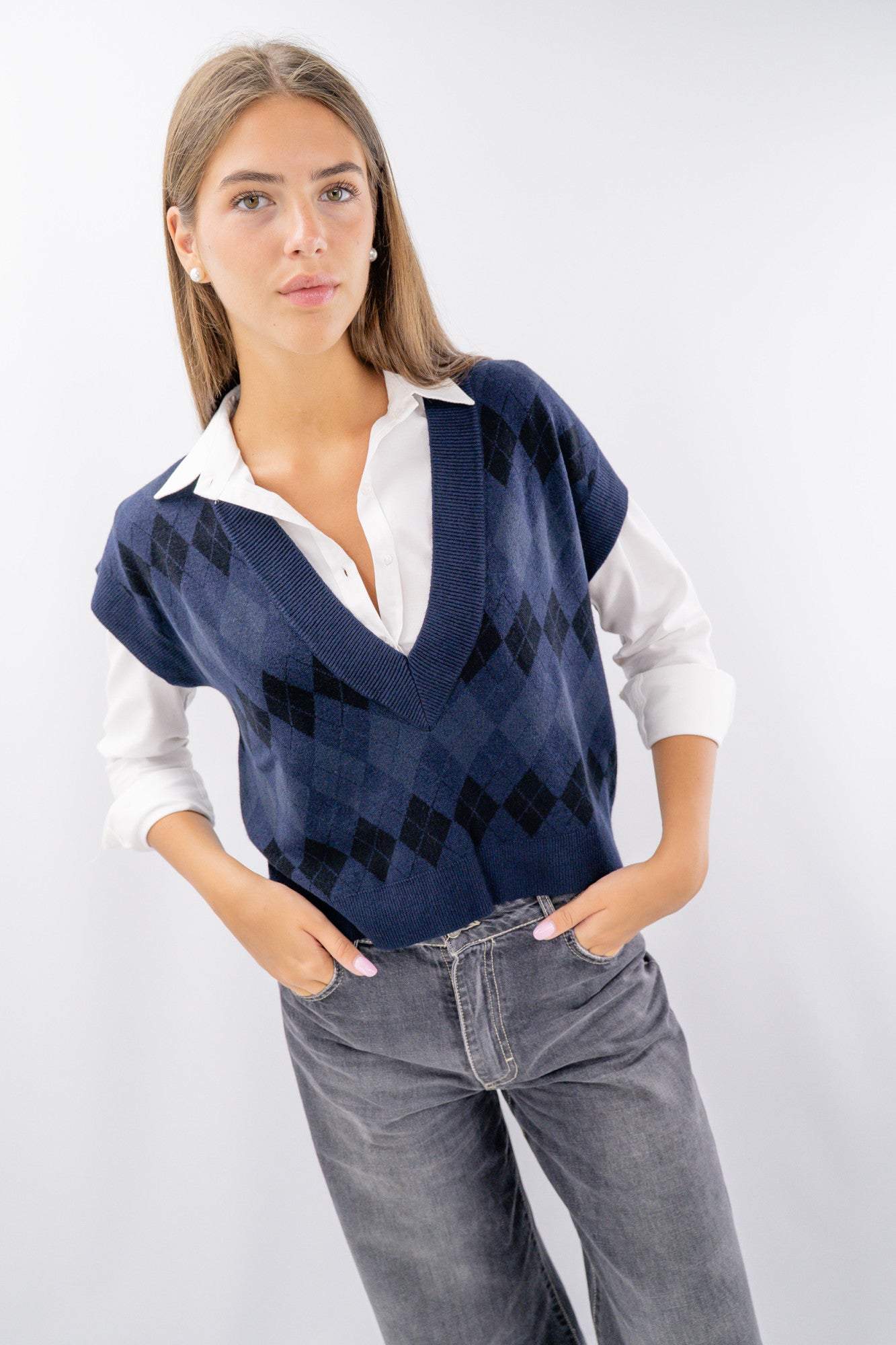 Gilet collo a vi a rombi