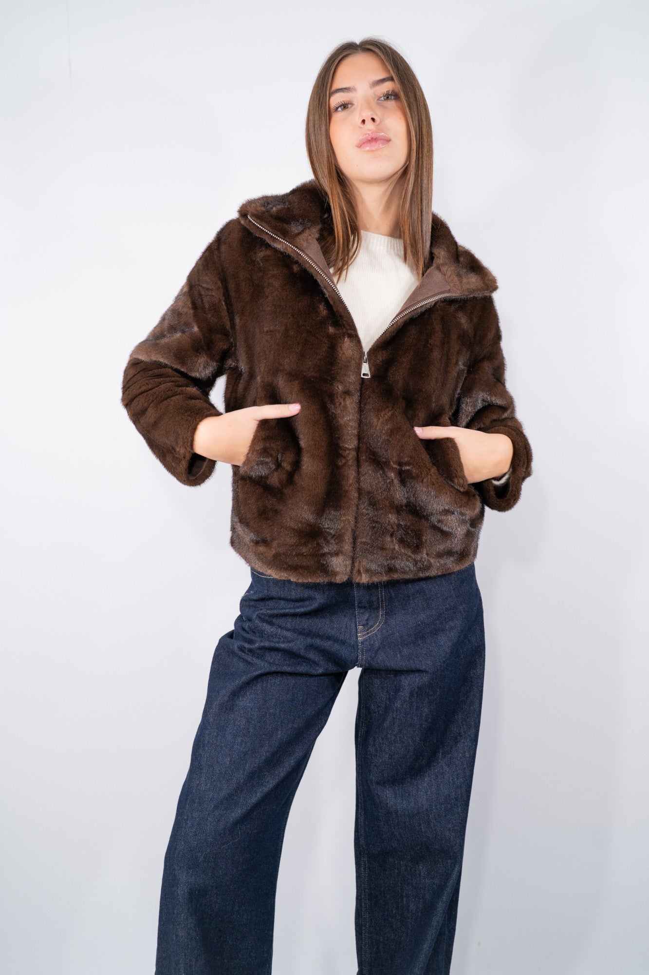 Eco-pelliccia bomber con zip