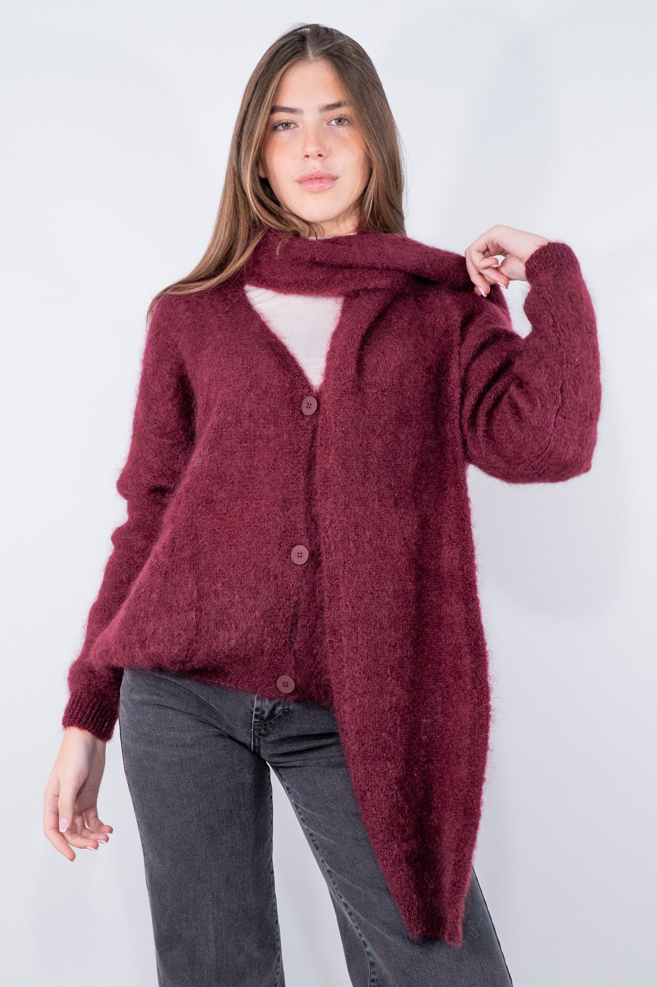 Cardigan con sciarpa in super kid mohair
