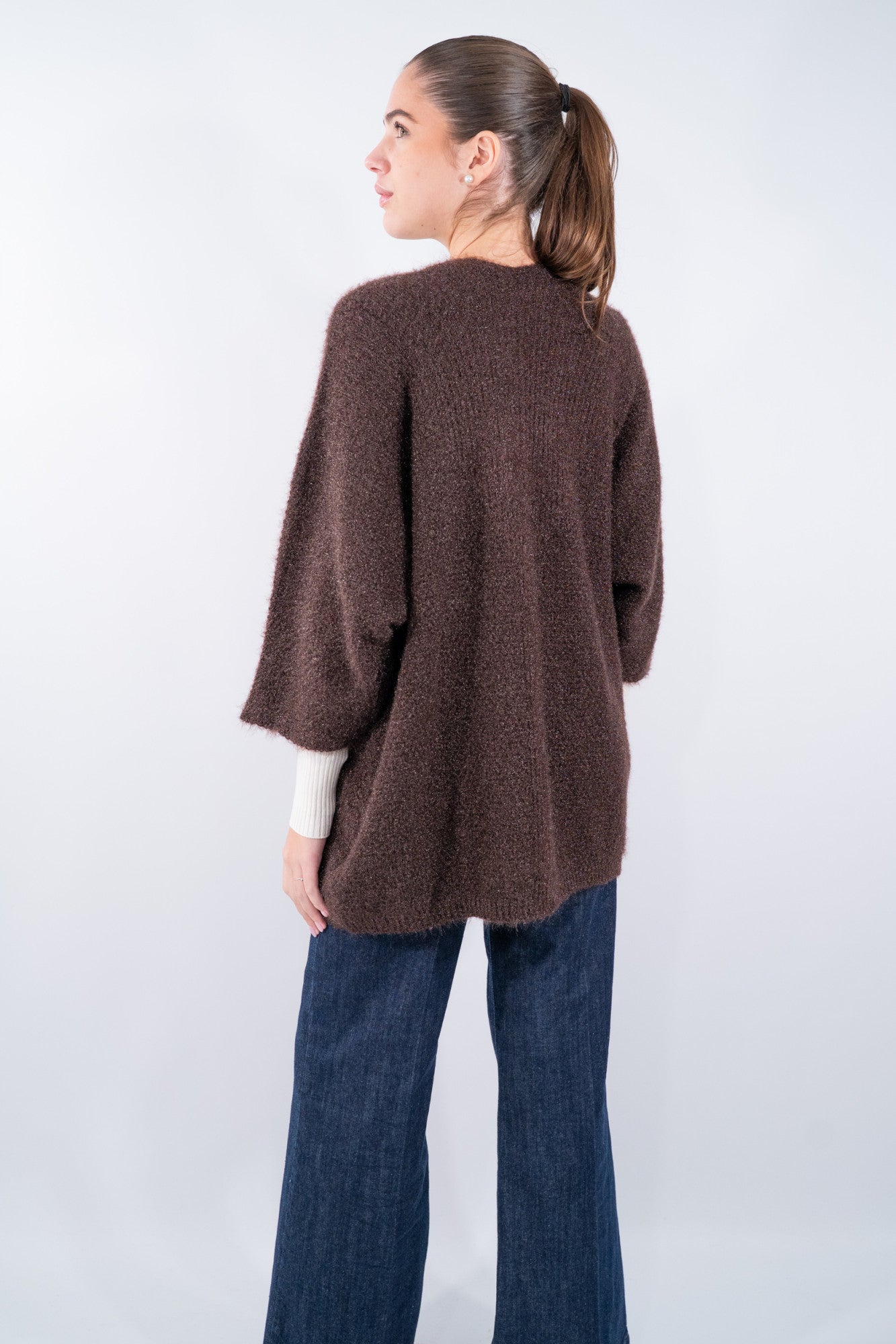 Cardigan aperto con maniche kimono e tasche applicate misto lana
