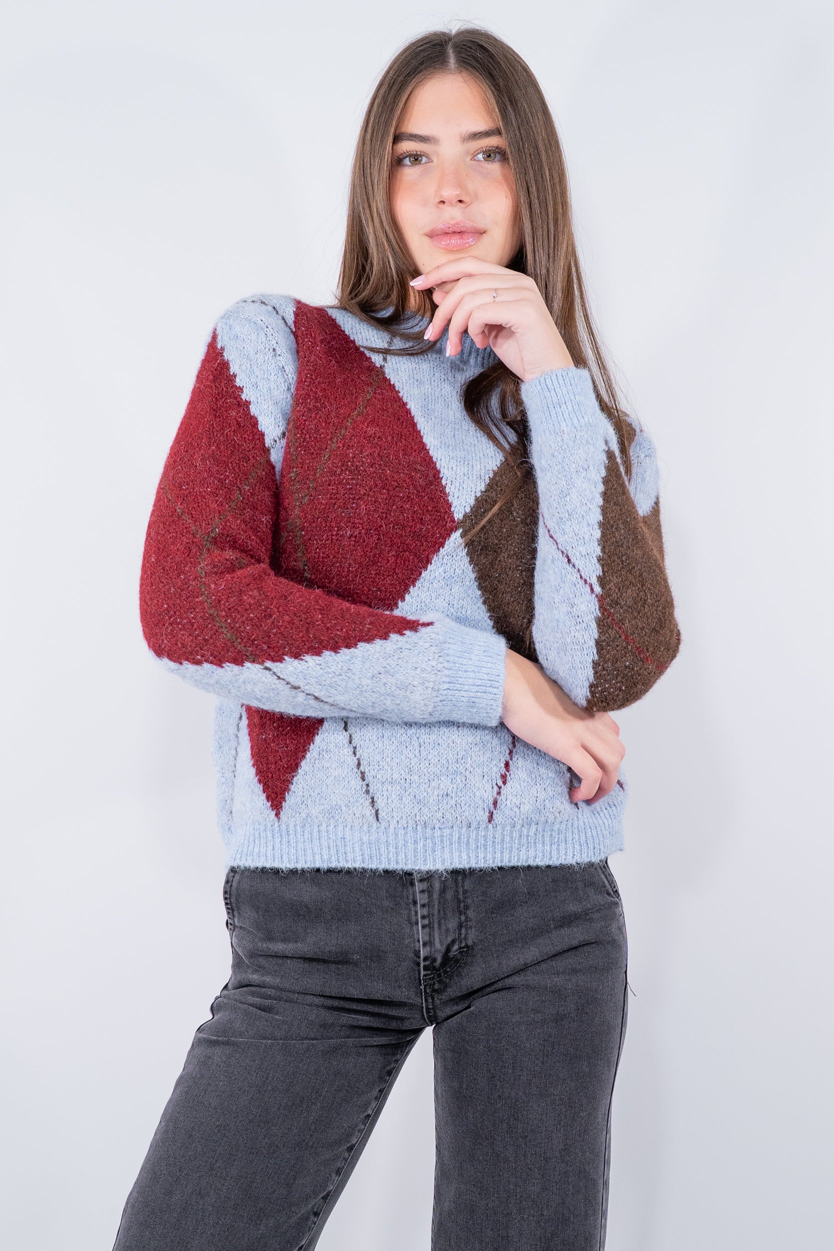 Maglia girocollo con lavorazione a rombi