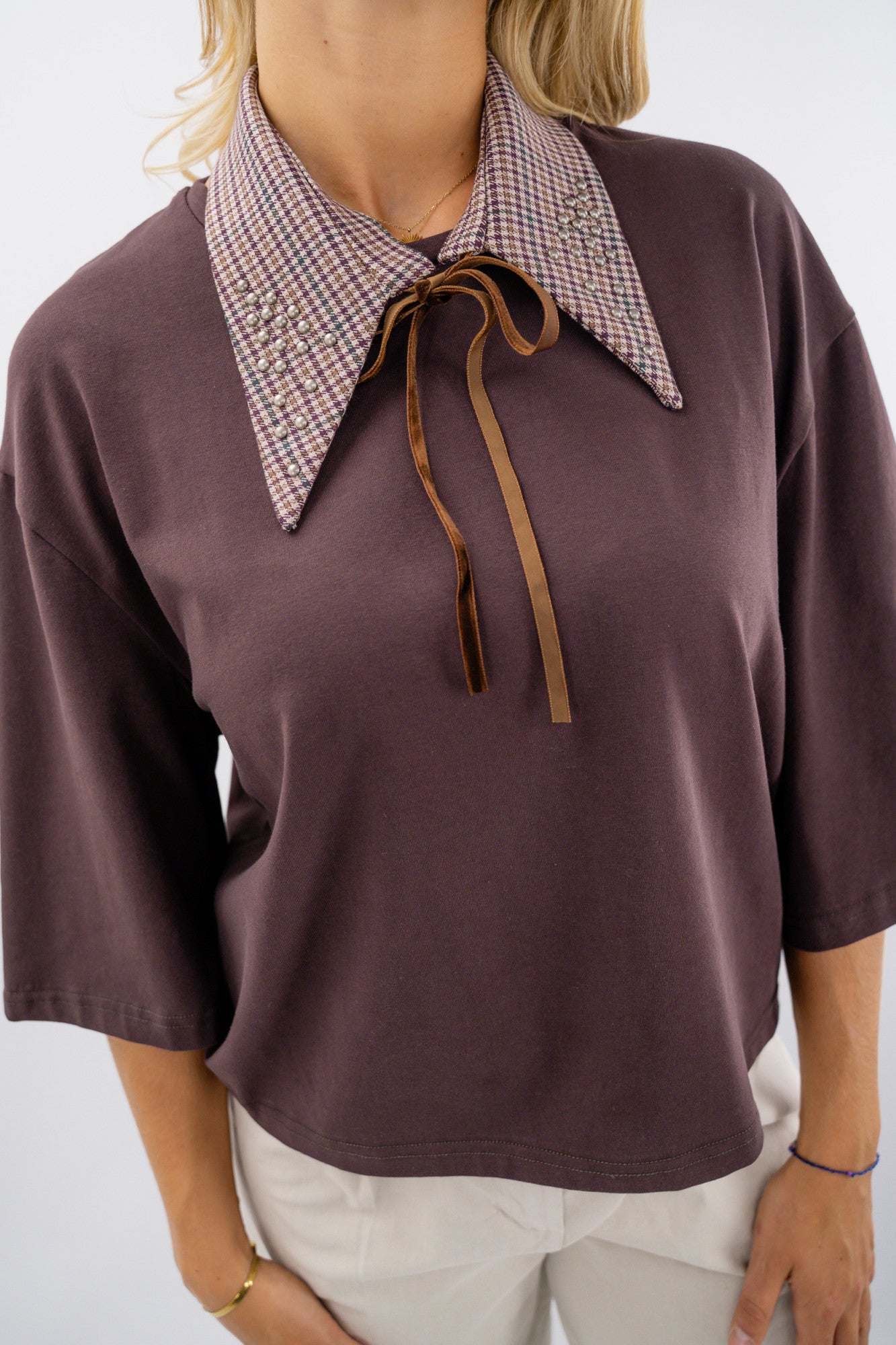 Maglia girocollo con collo in pied de poule removibile