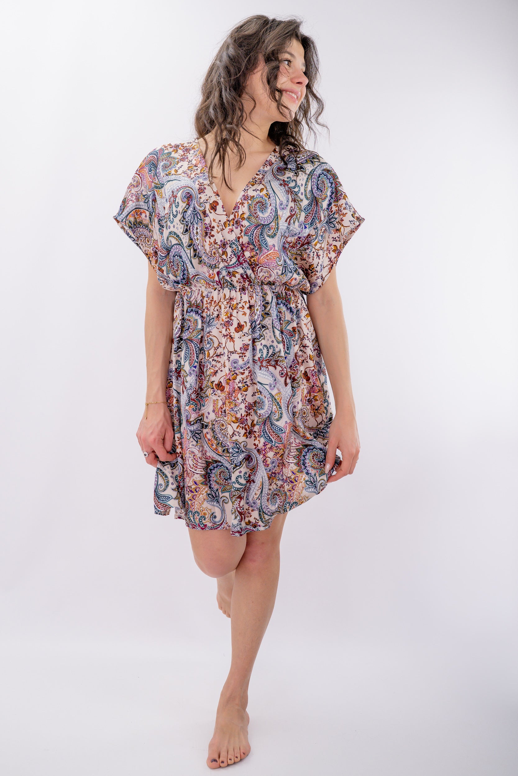 Abito corto manica a kimono stampa Paisley