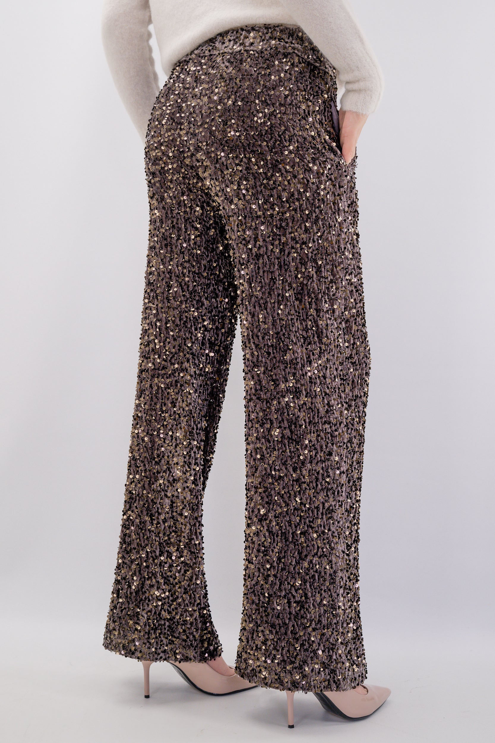 Pantalone palazzo con micro paillettes ed elastico