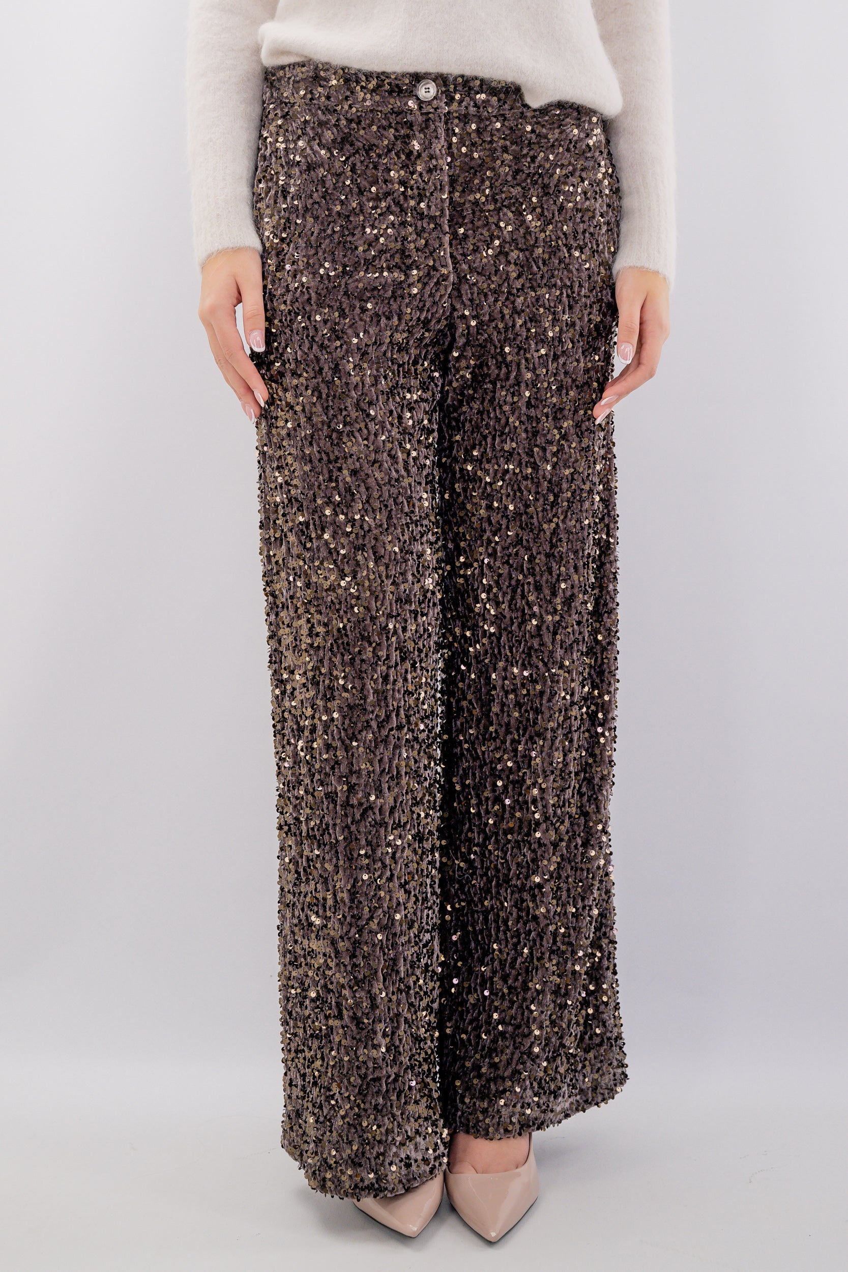 Pantalone palazzo con micro paillettes ed elastico