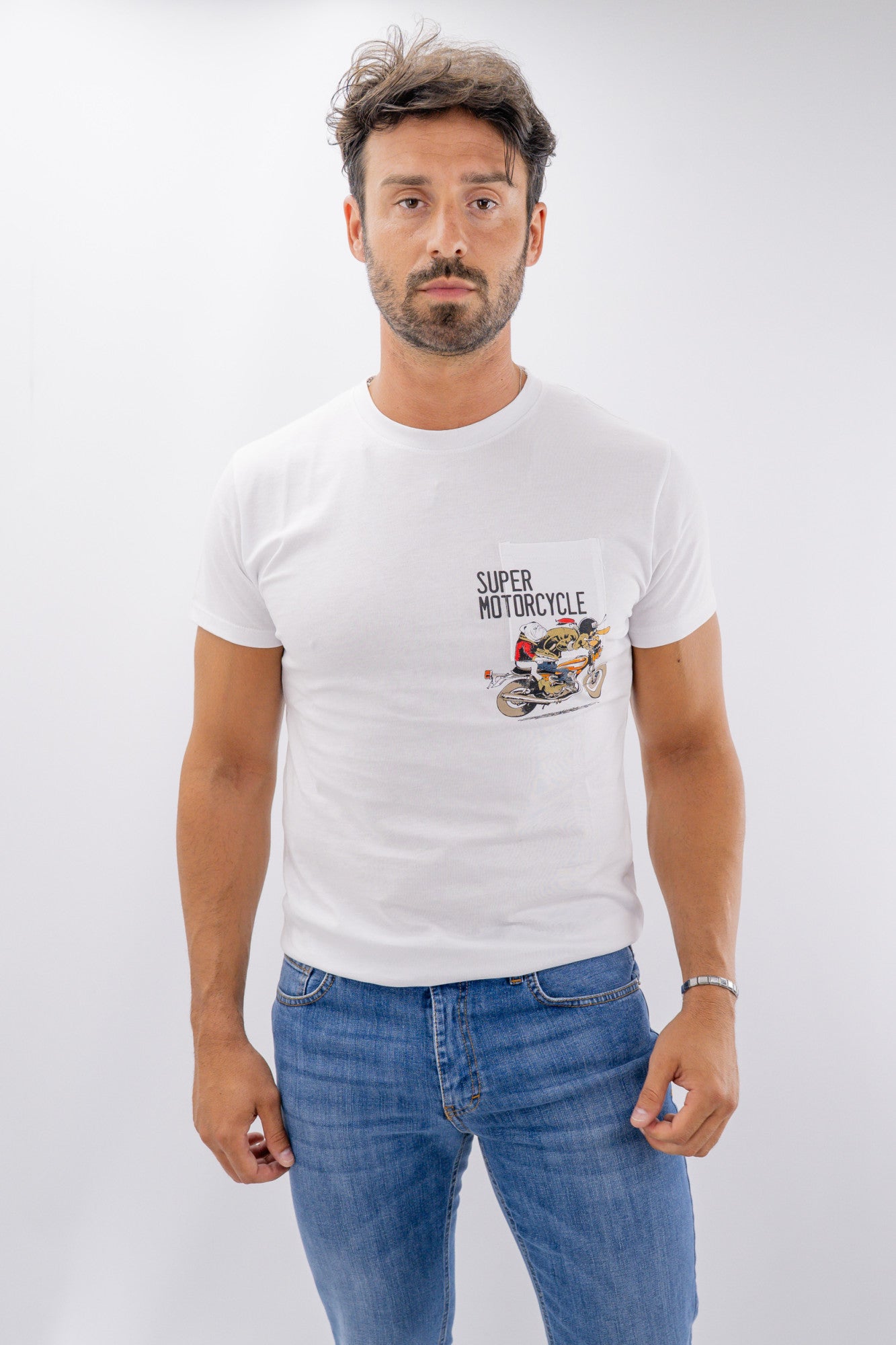 T-shirt "Super Motocycle" con taschino in cotone