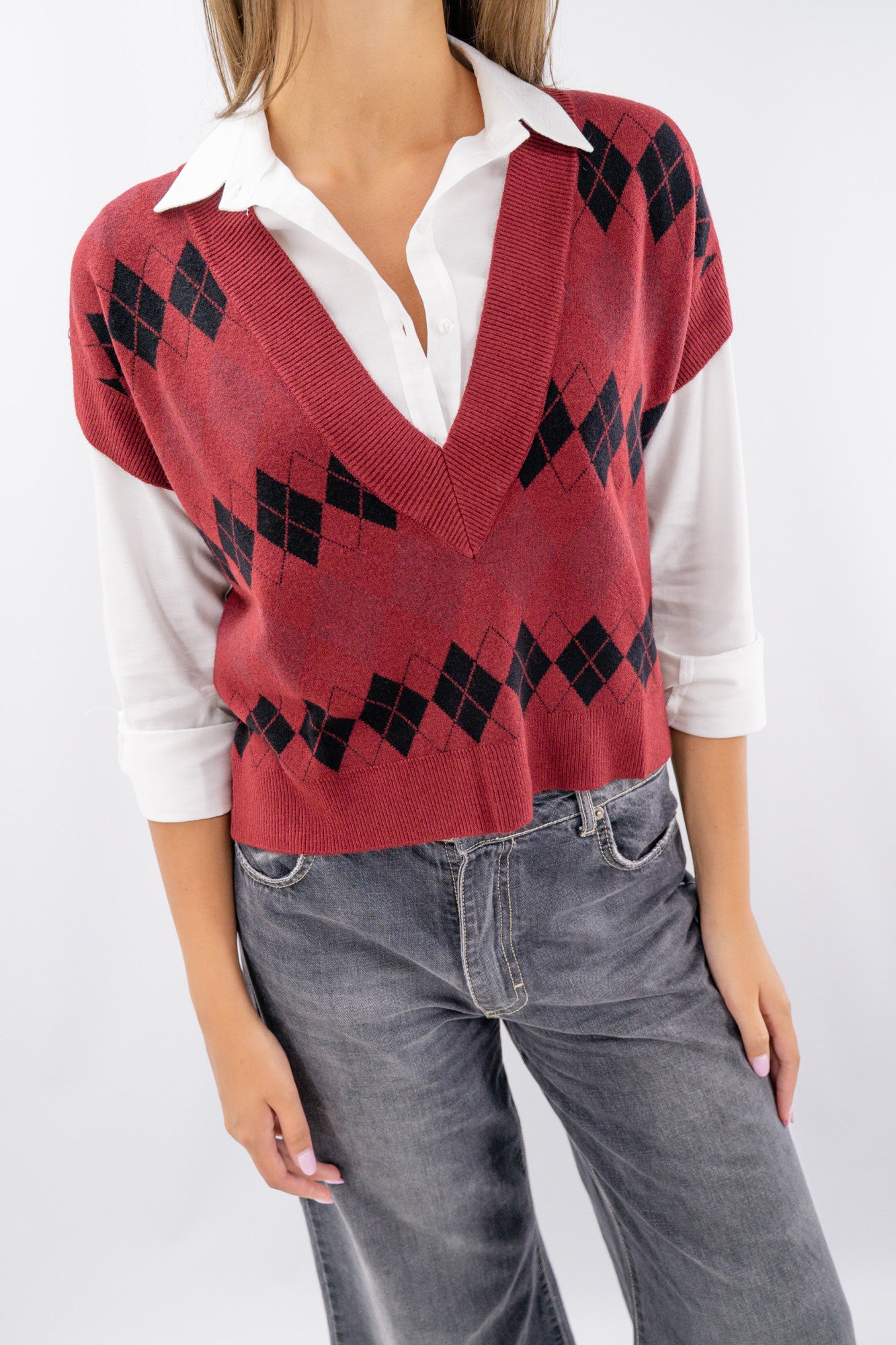 Gilet collo a vi a rombi