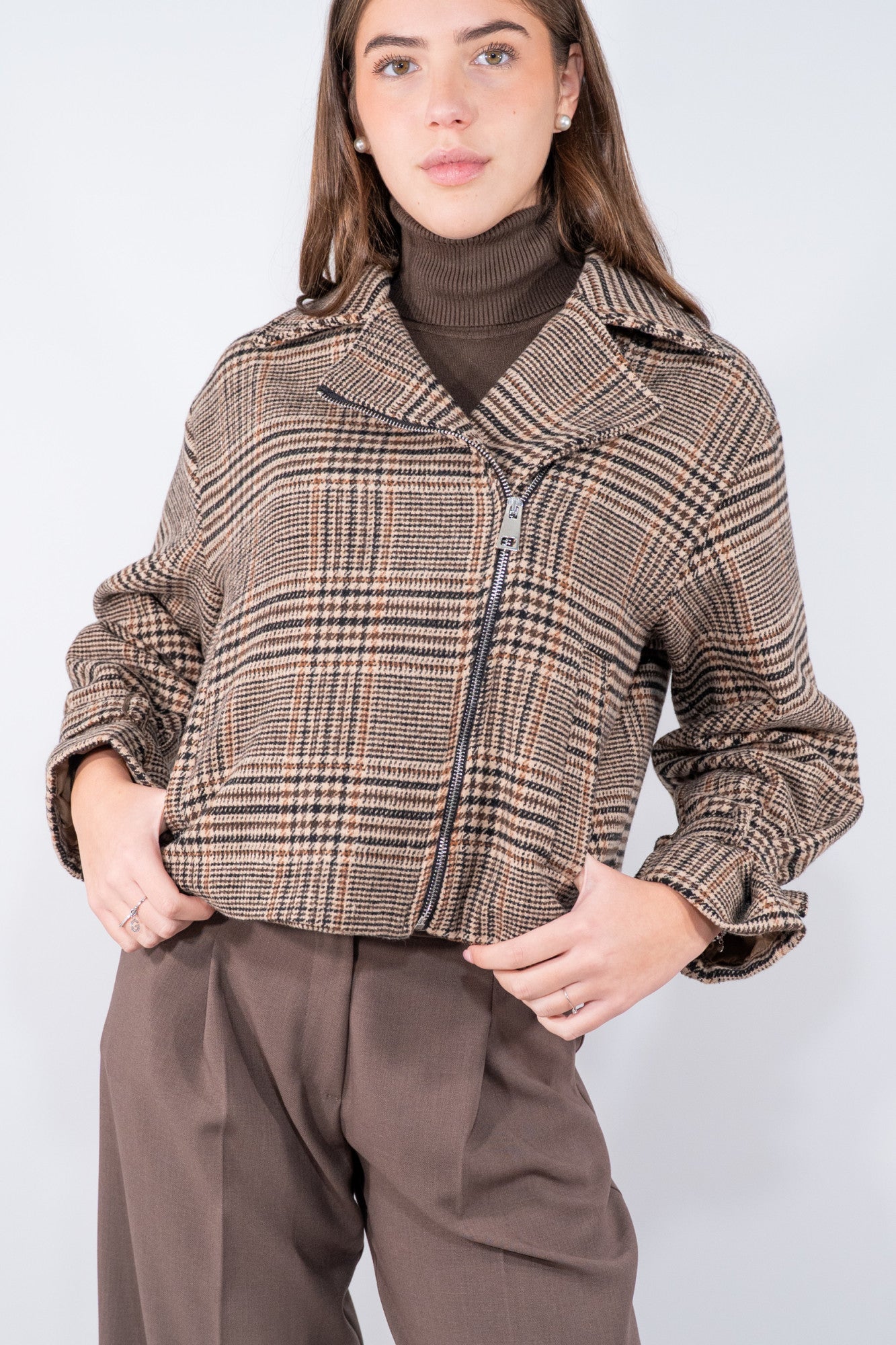 Giacca Biker in tessuto check effetto chiodo