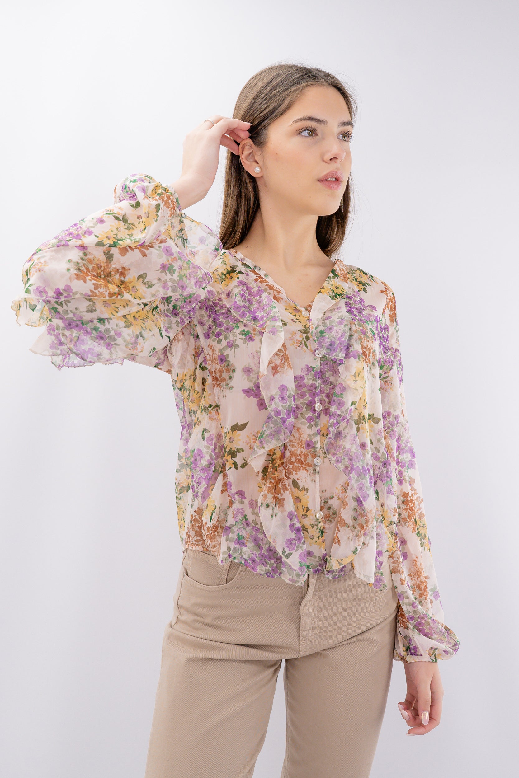 Camicia fantasia floreale con rouches