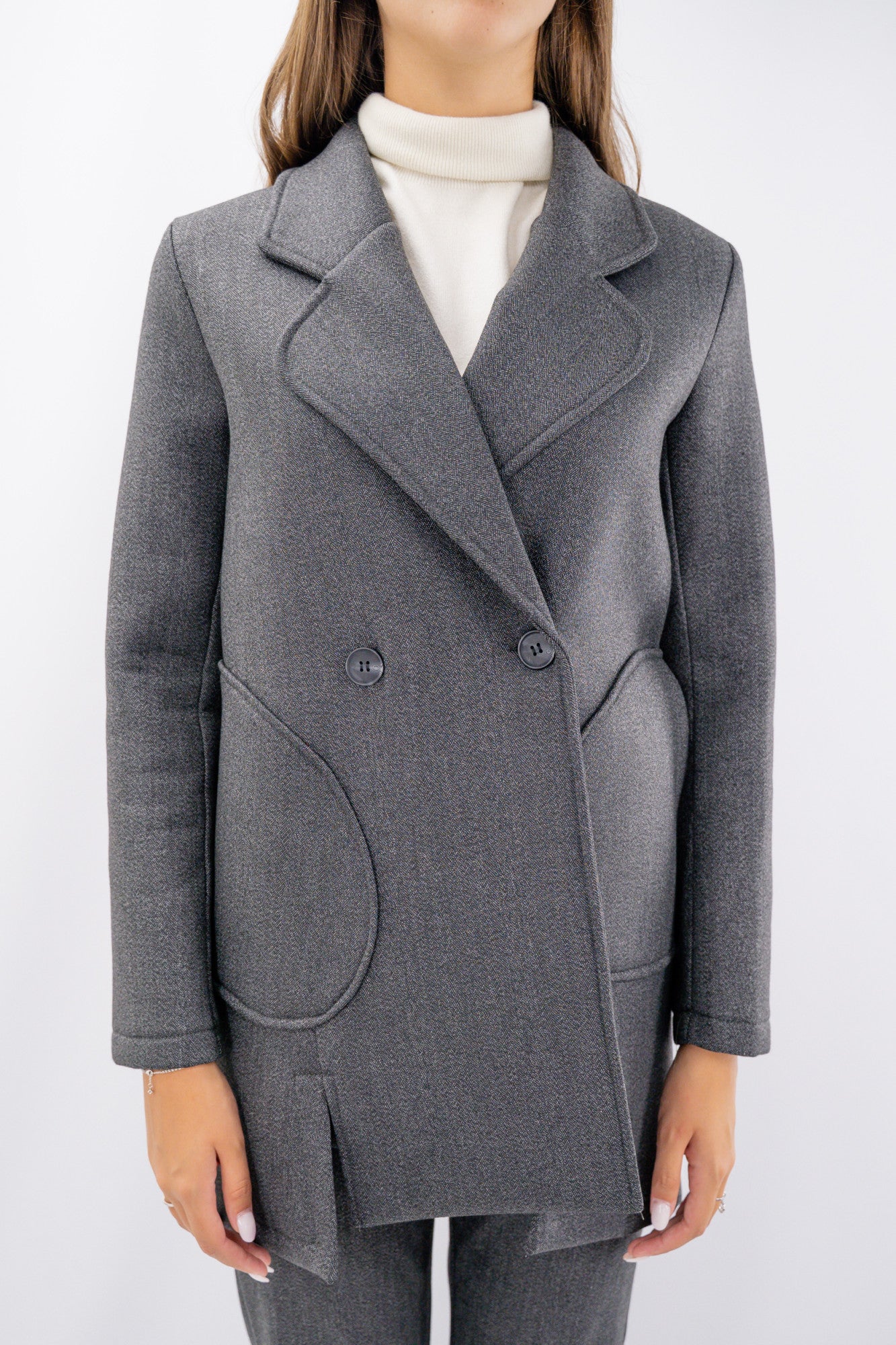 Cappotto midi in neoprene fantasia spina di pesce