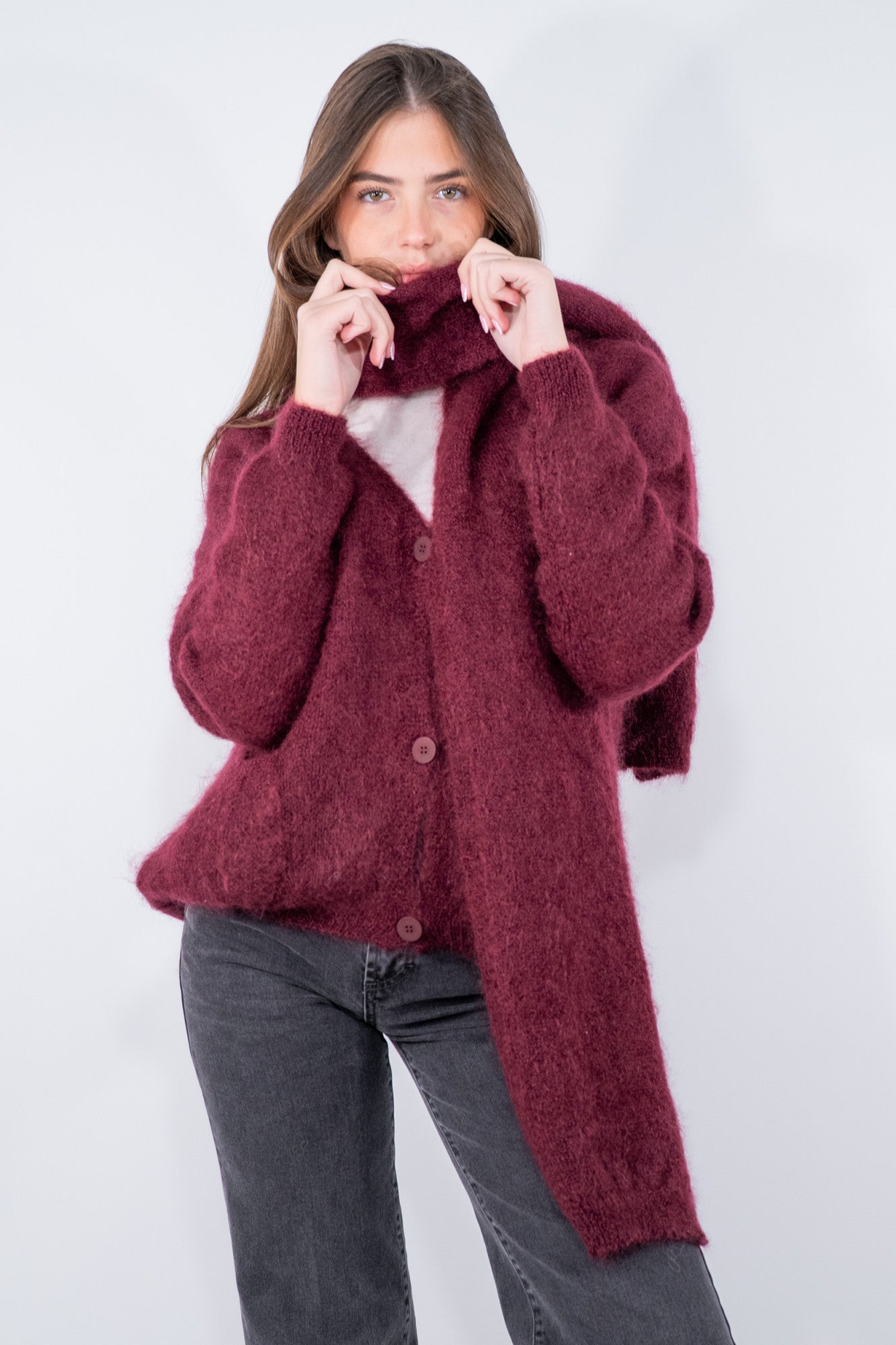 Cardigan con sciarpa in super kid mohair