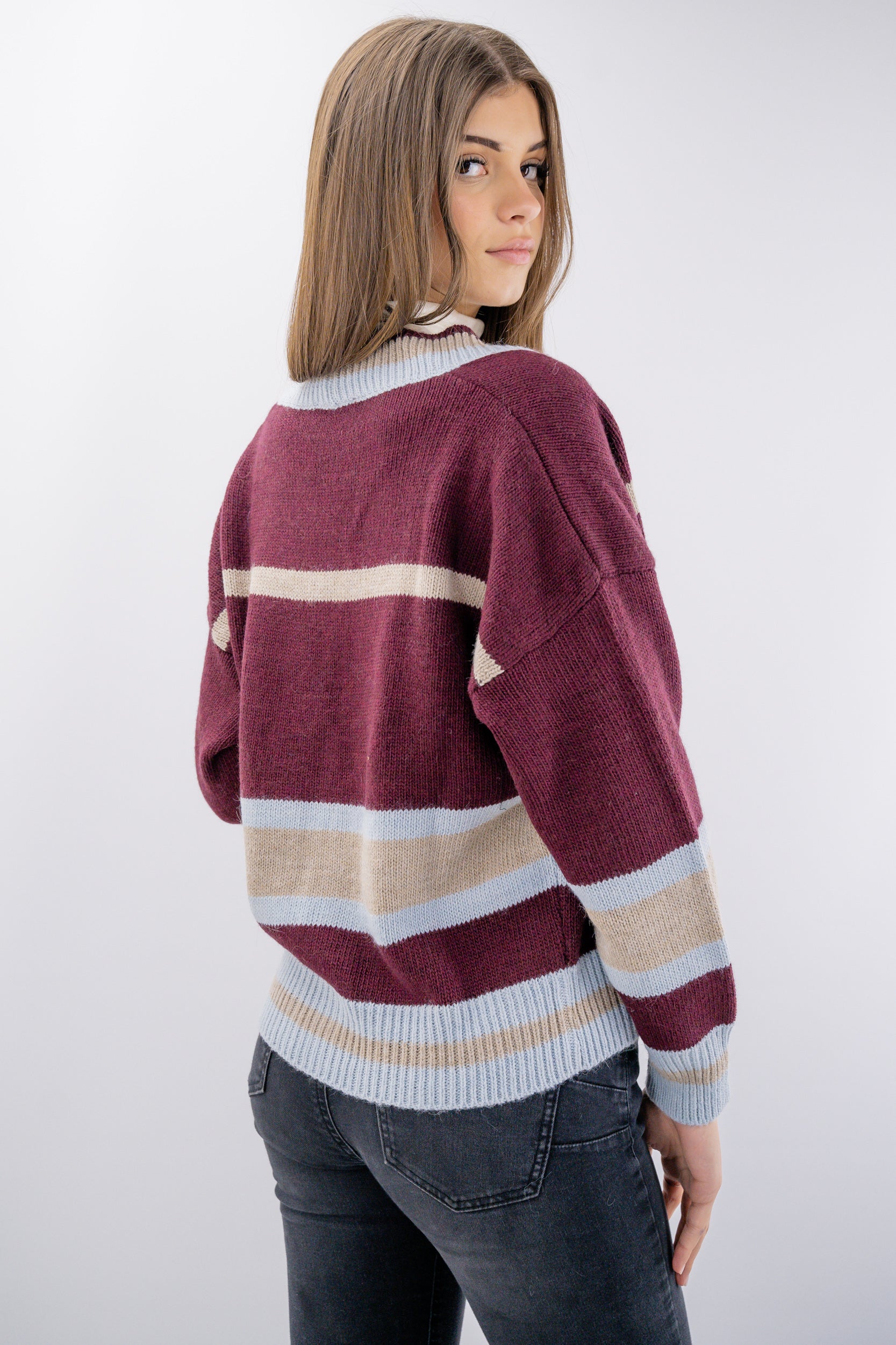 Cardigan con bottoni a righe in misto lana ed alpaca