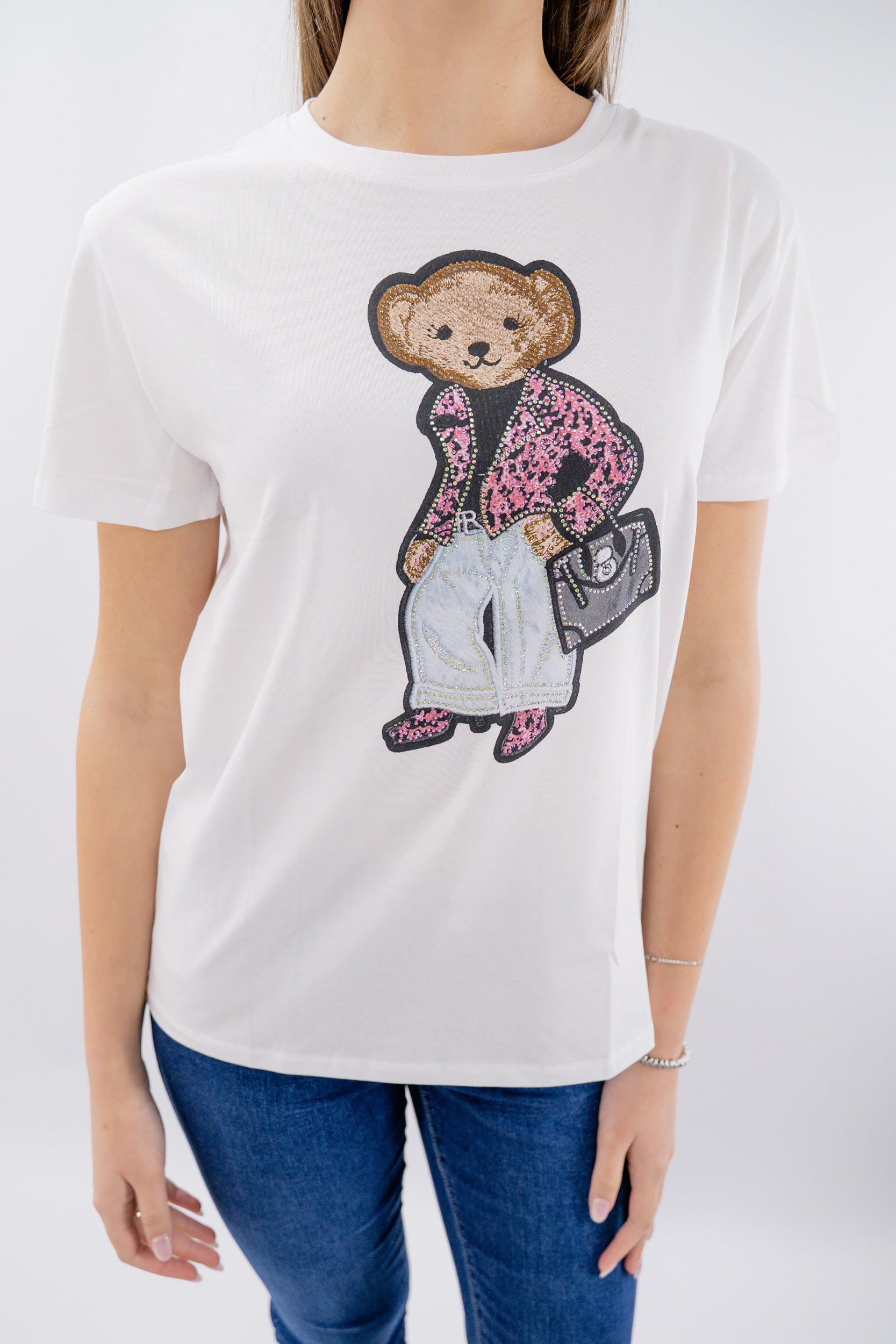 T-shirt stampa orsetto con strass