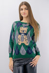 Maglione misto lana a rombi con orsetto intarsio