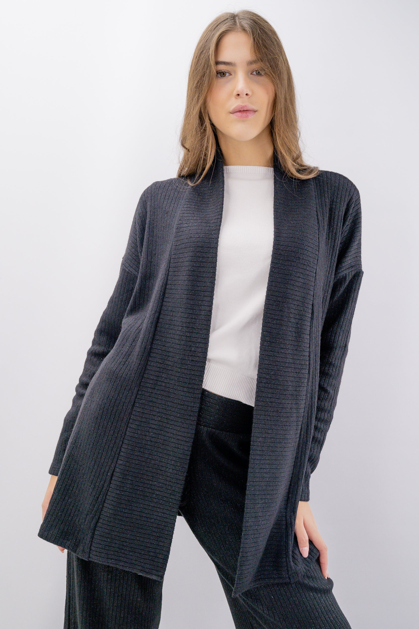 Cardigan aperto a costine in lurex