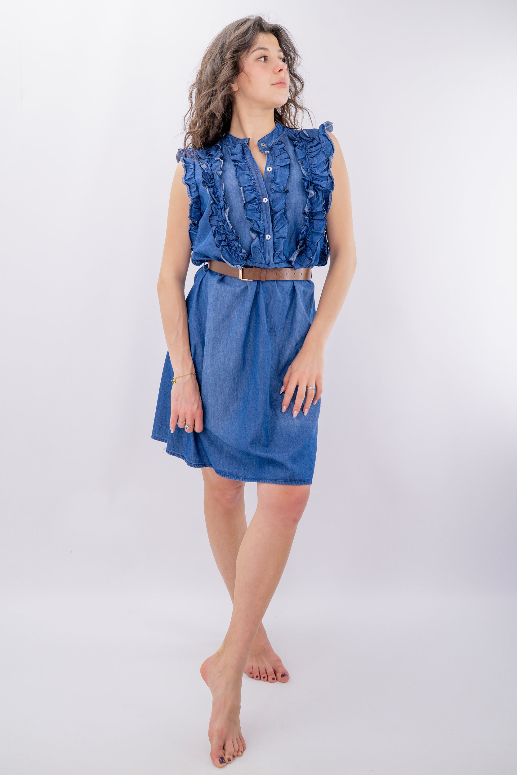 Abito corto in chambray di jeans con rouches frontali