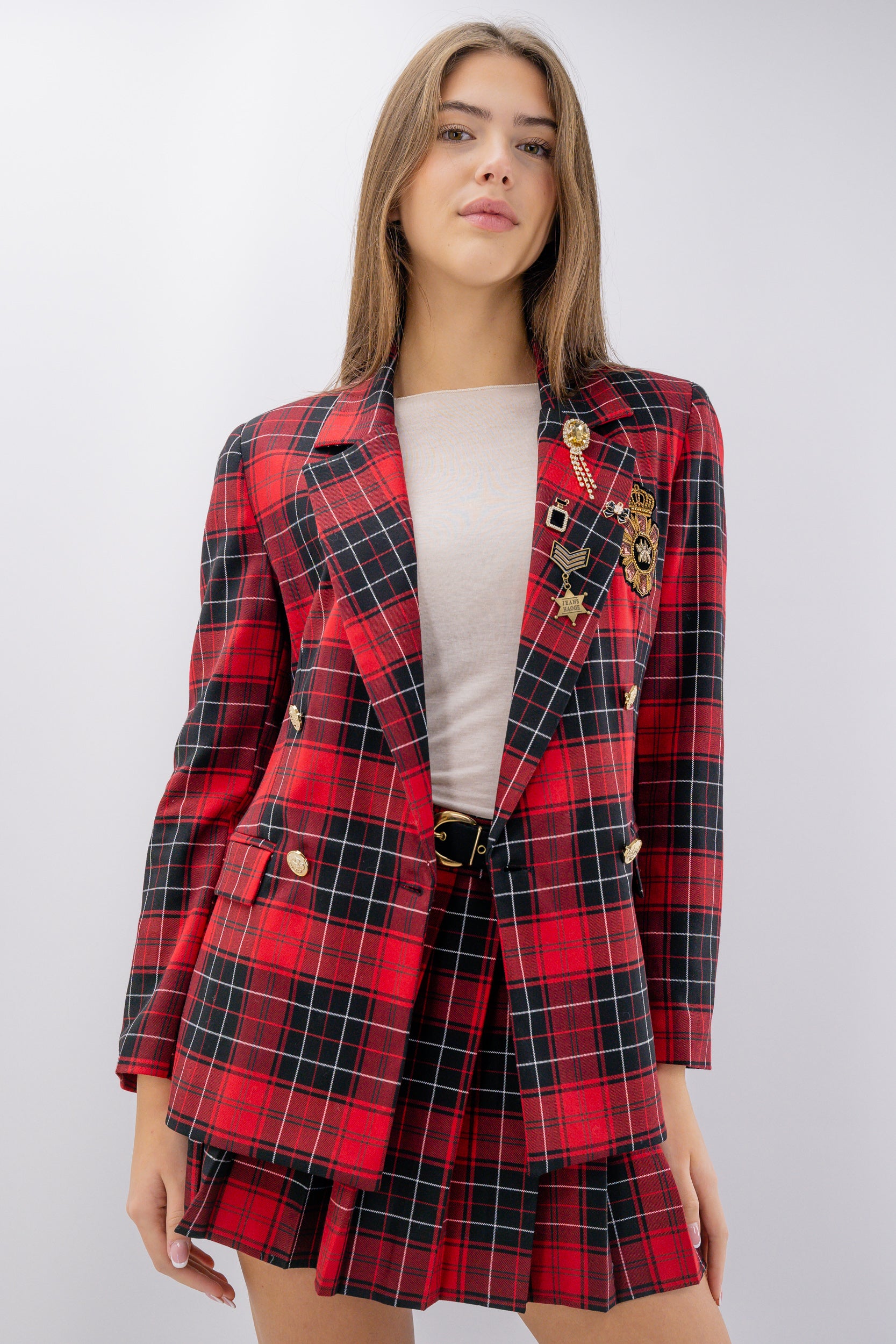 Giacca sfiancata in Tartan con applicazioni