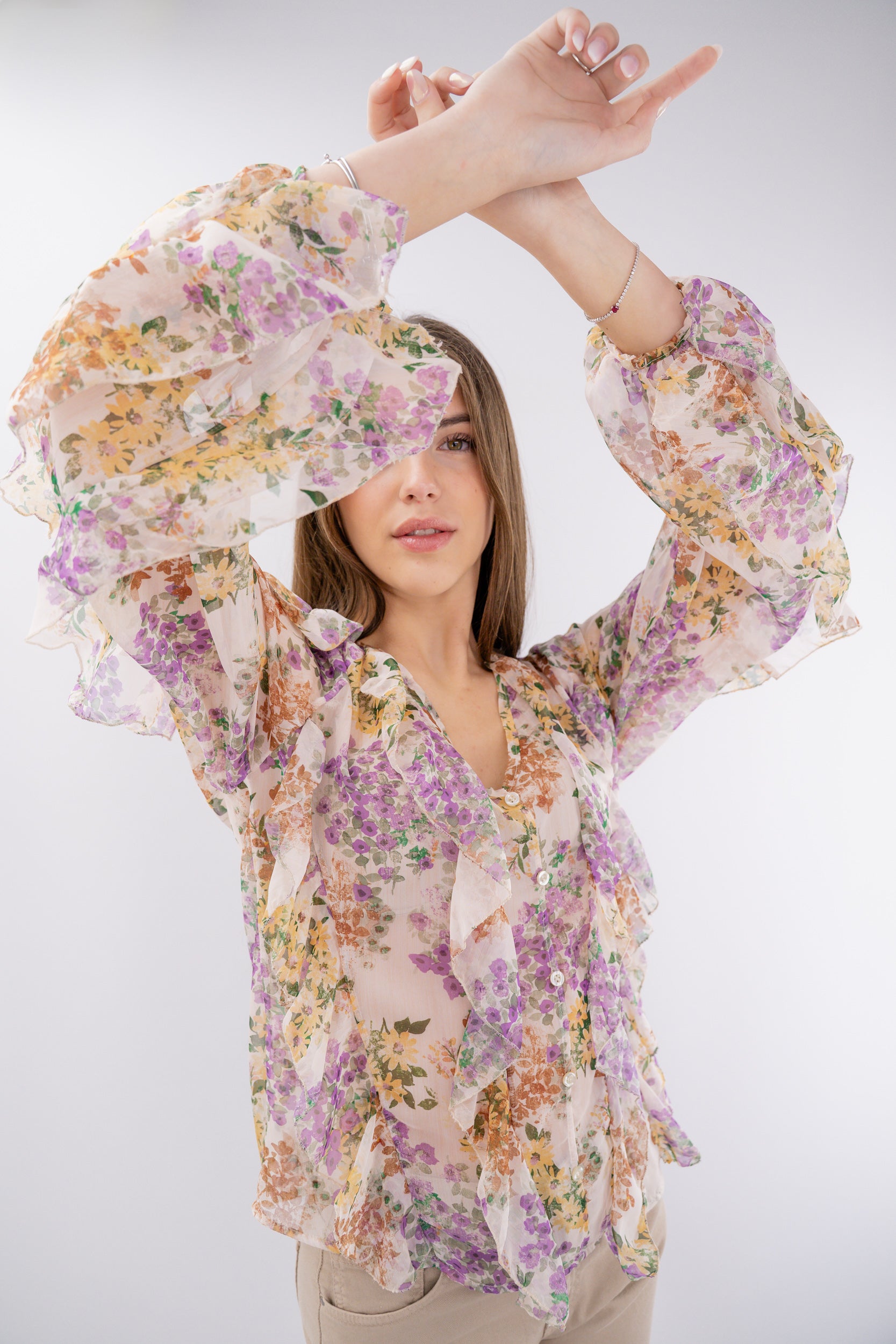 Camicia fantasia floreale con rouches