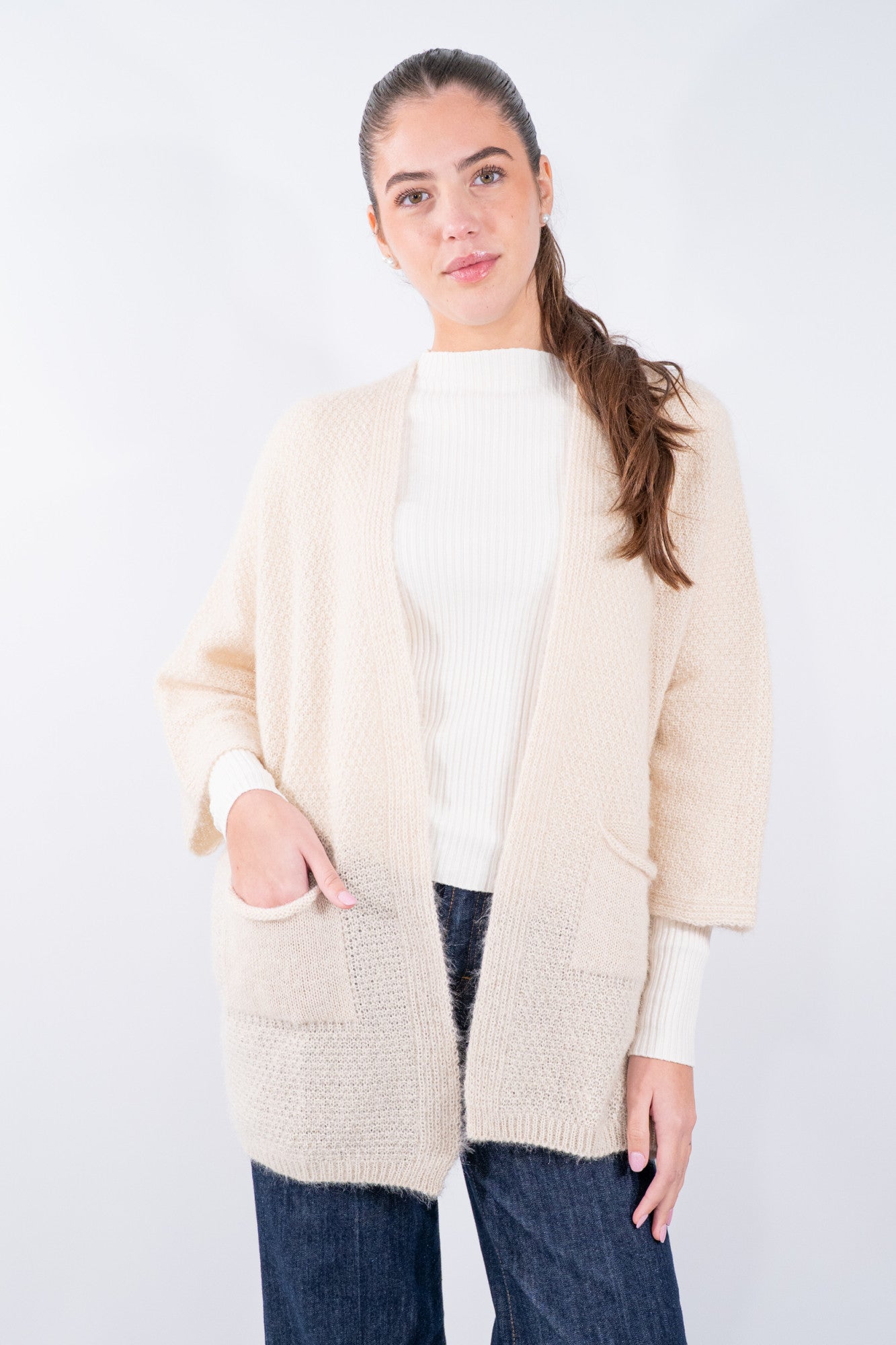 Cardigan aperto con maniche kimono e tasche applicate misto lana