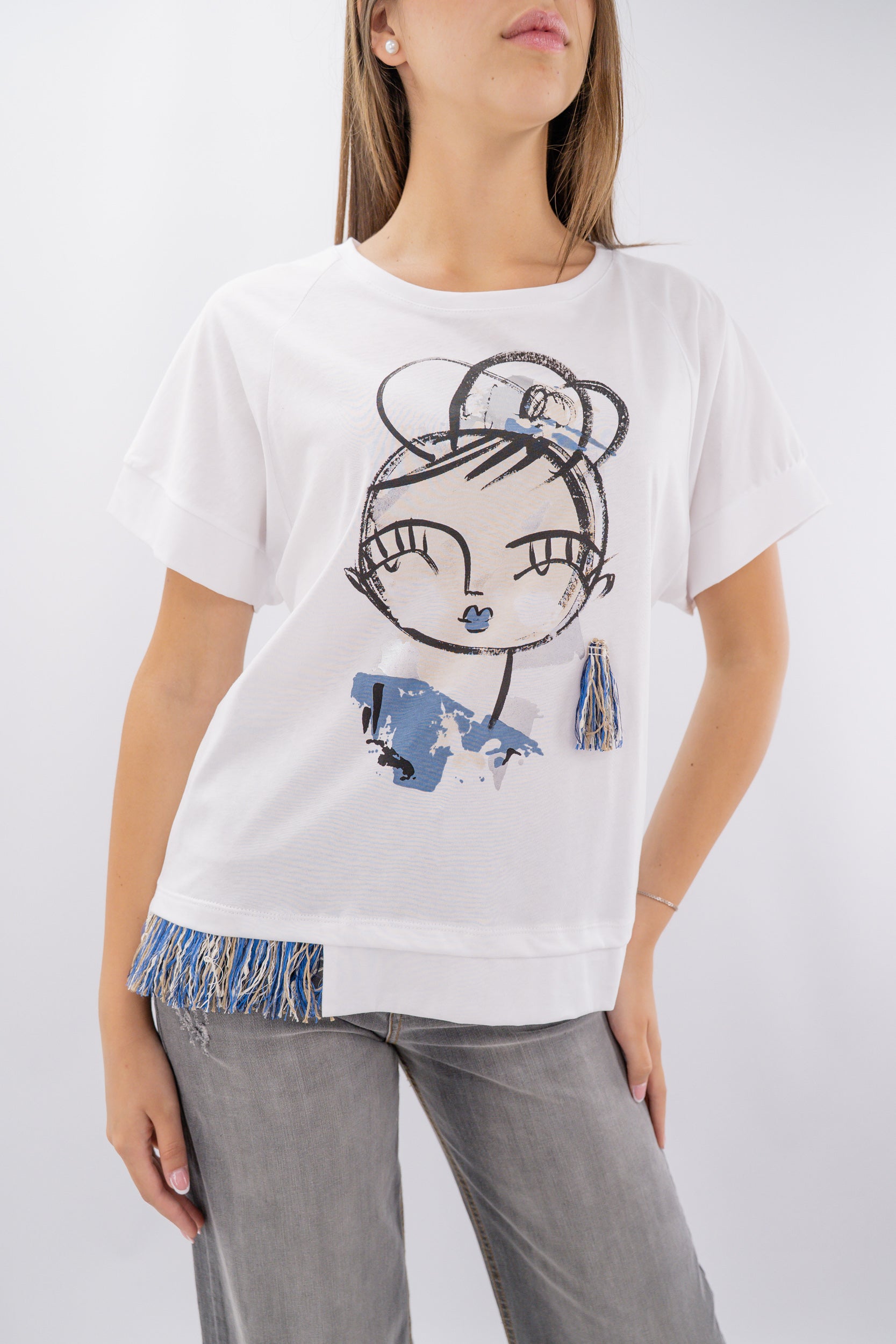 T-shirt con stampa e dettaglio frange