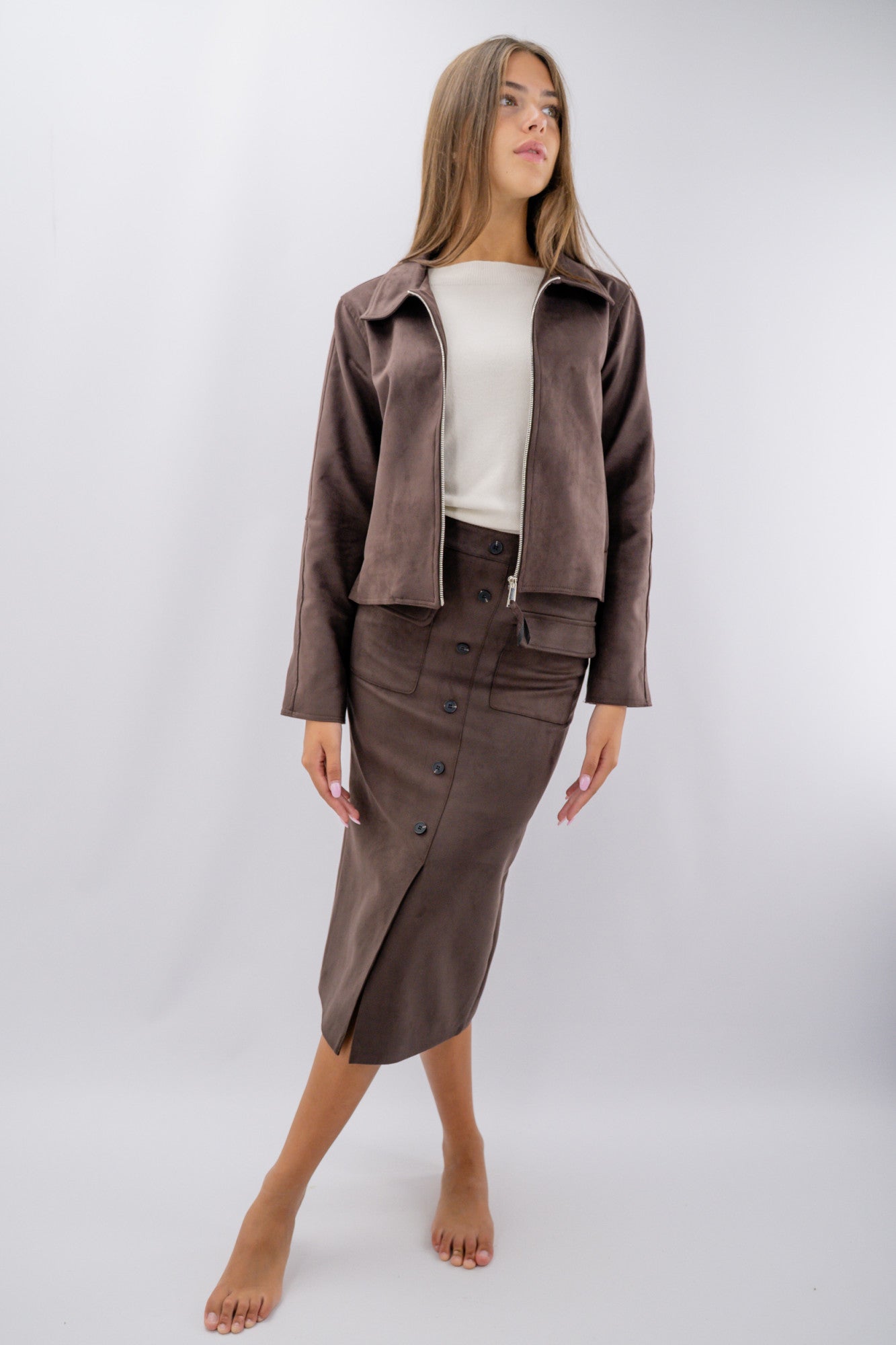 Gonna midi effetto suede con bottoni e tasche con patta