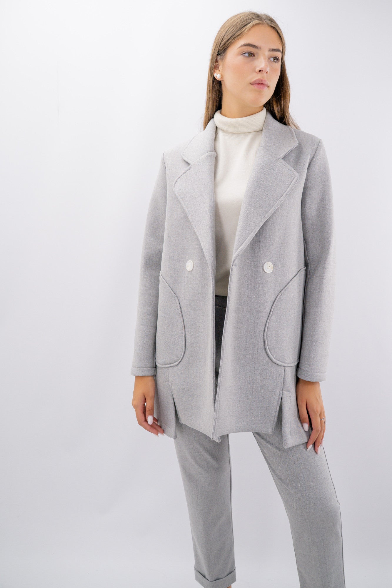 Cappotto midi in neoprene fantasia spina di pesce