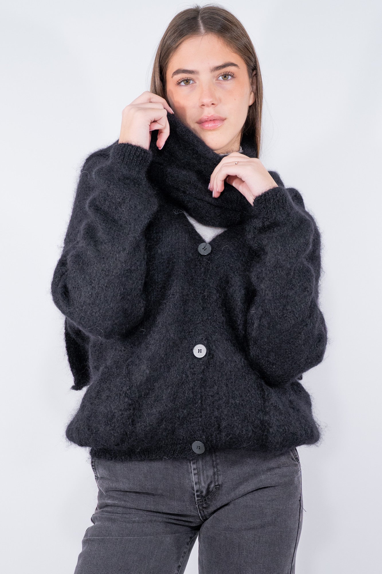 Cardigan con sciarpa in super kid mohair