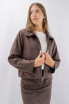 Giacca biker corta con colletto sportivo e zip effetto scamosciato