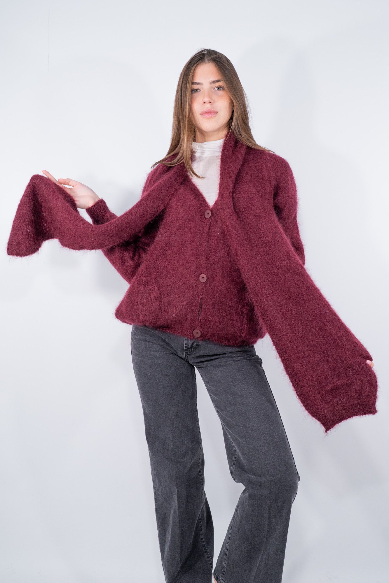 Cardigan con sciarpa in super kid mohair