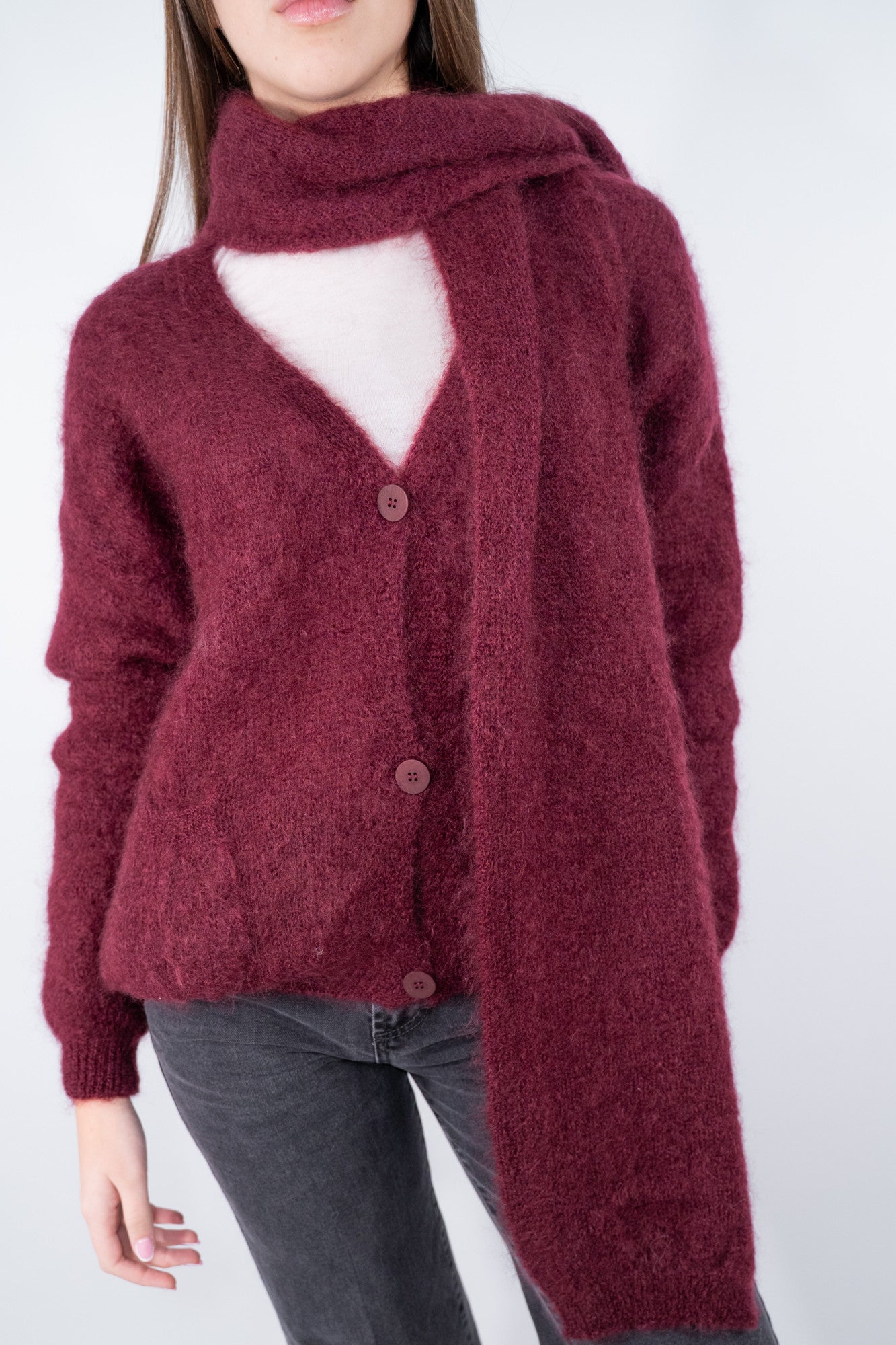 Cardigan con sciarpa in super kid mohair