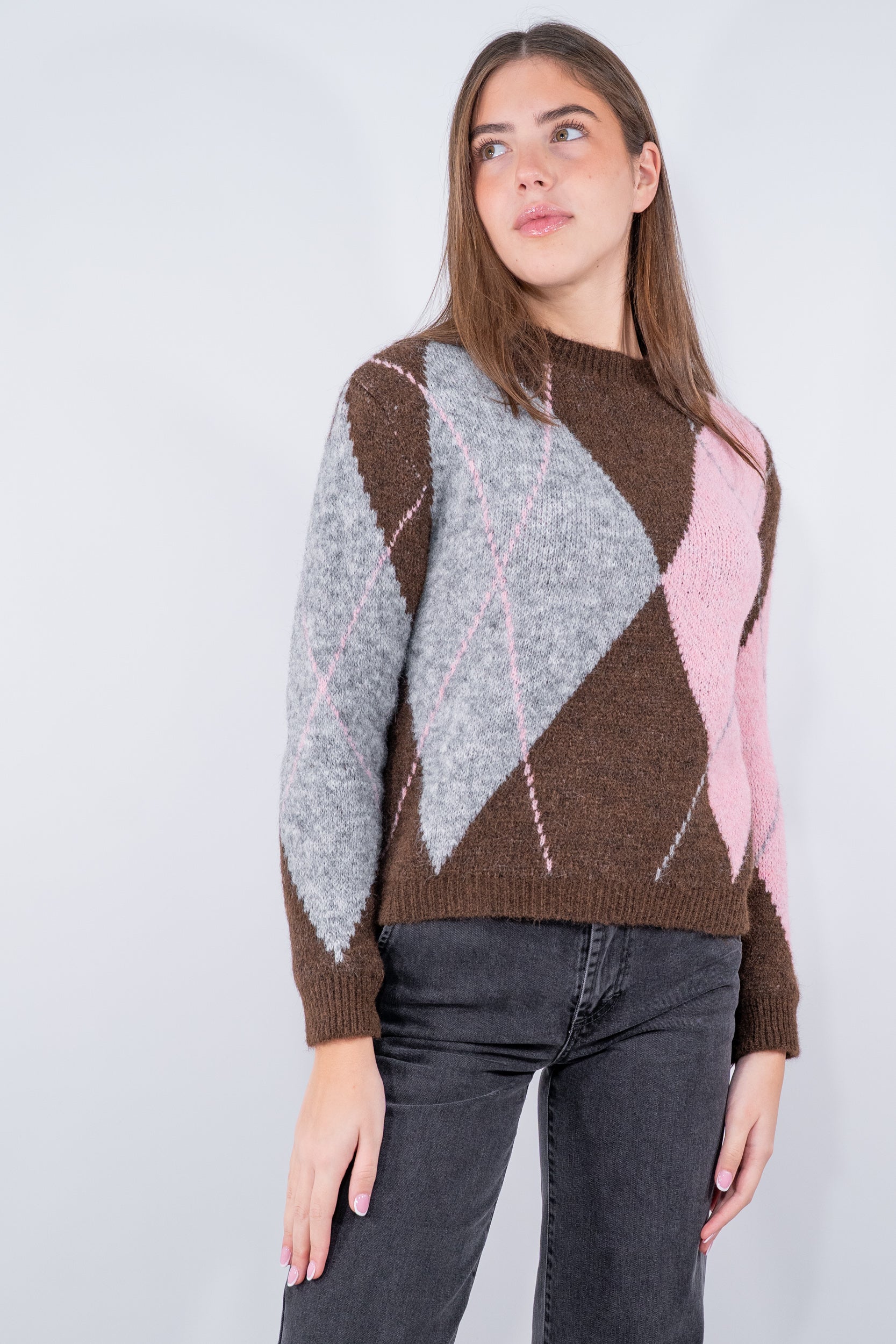 Maglia girocollo con lavorazione a rombi