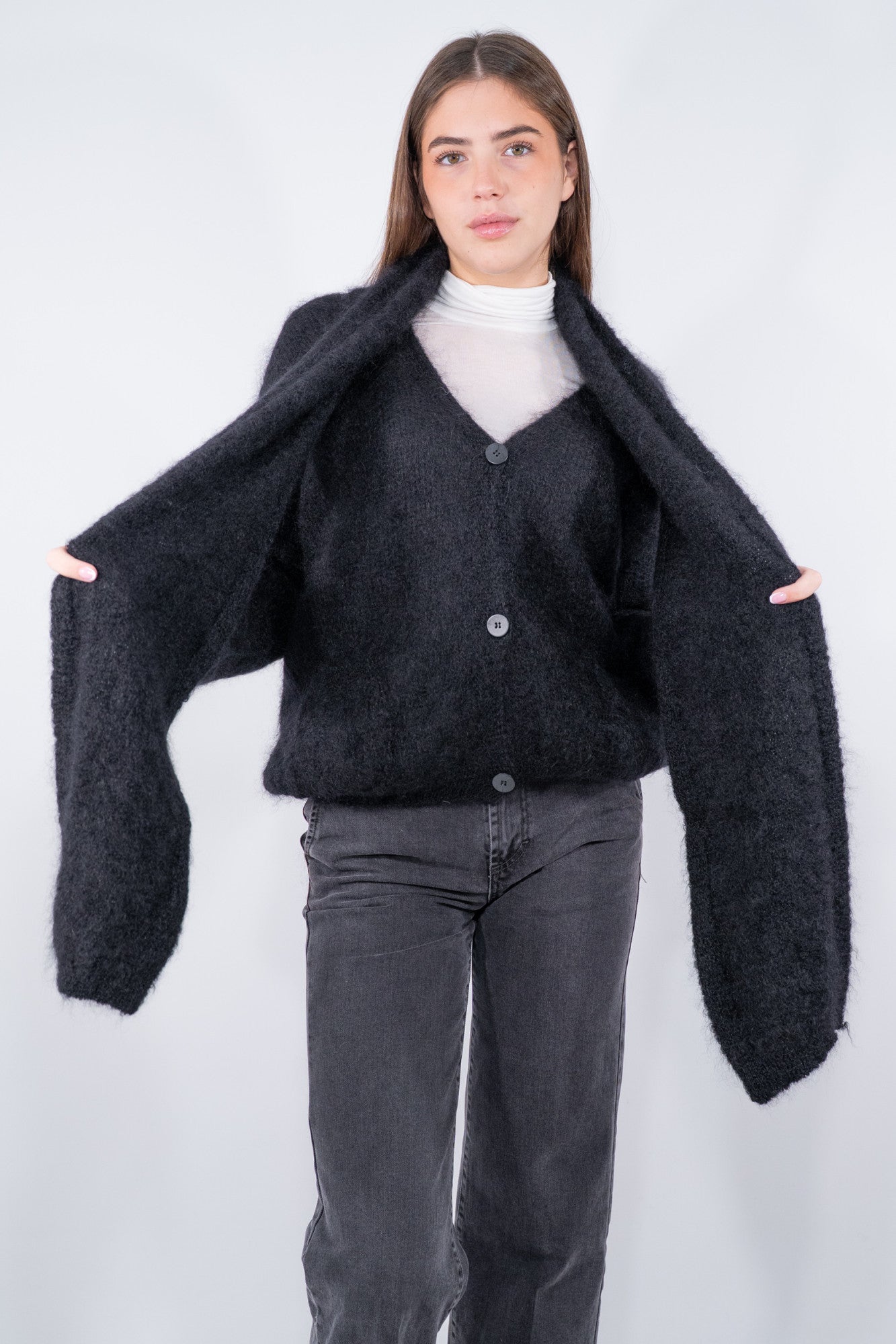 Cardigan con sciarpa in super kid mohair
