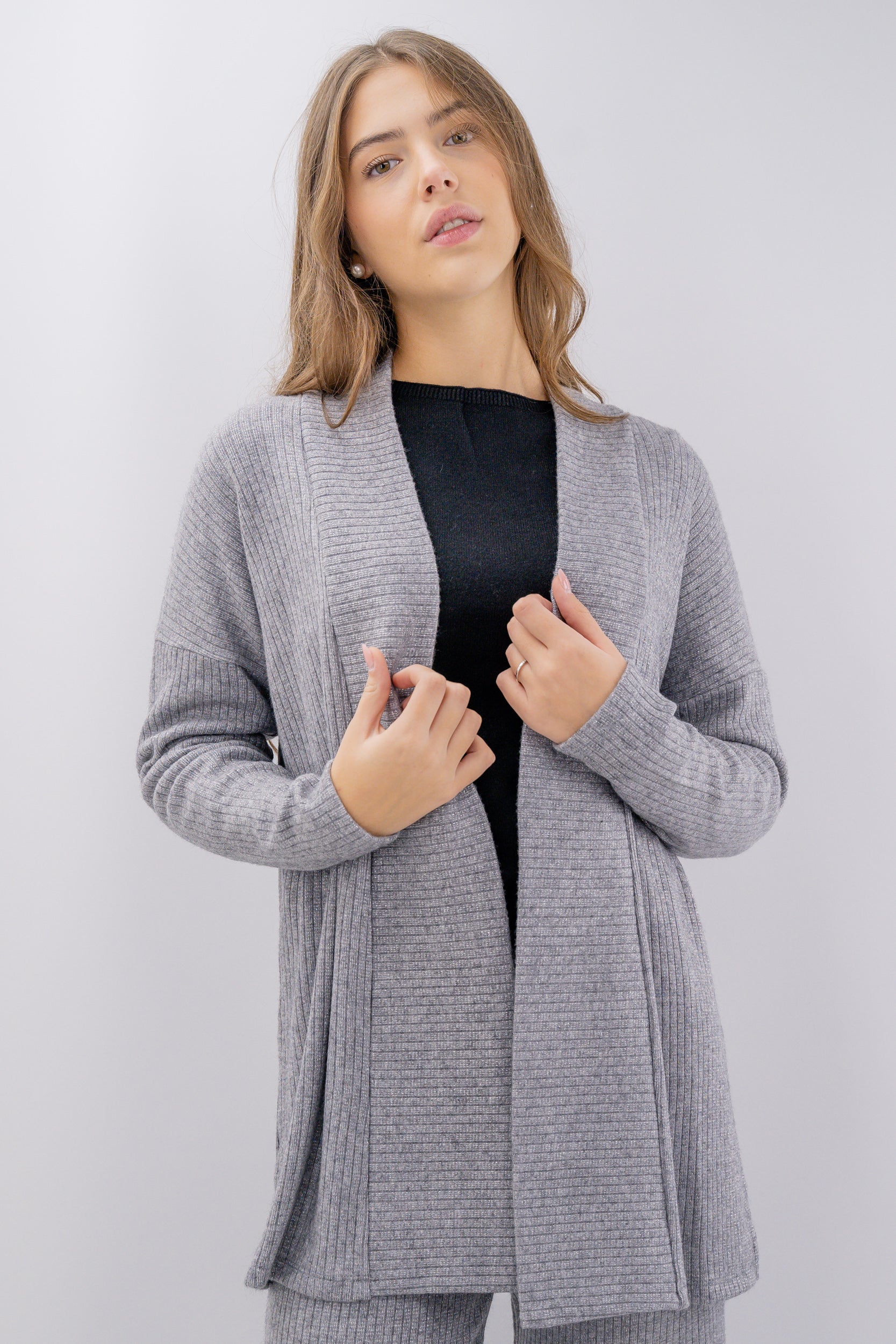 Cardigan aperto a costine in lurex