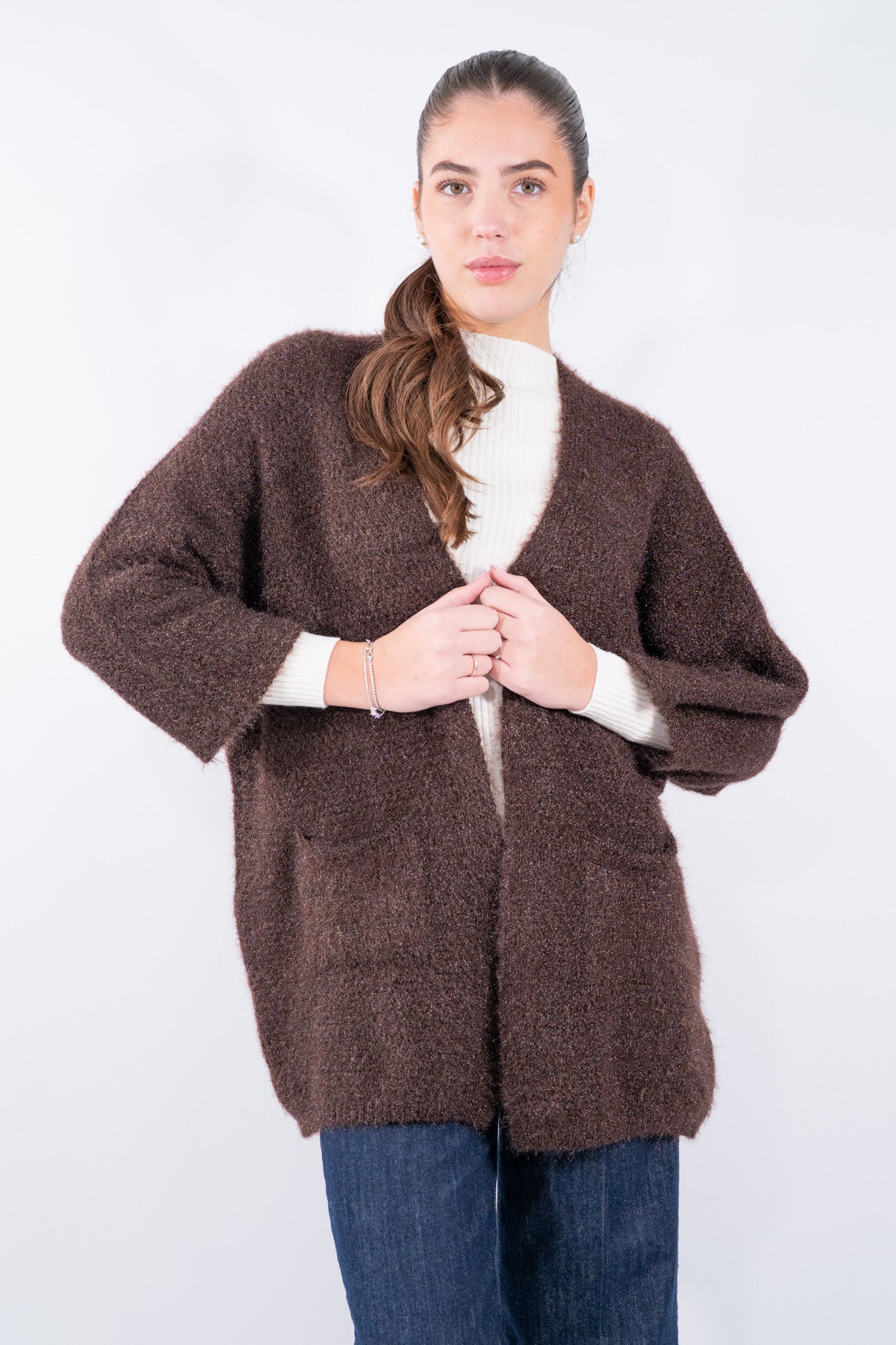 Cardigan aperto con maniche kimono e tasche applicate misto lana