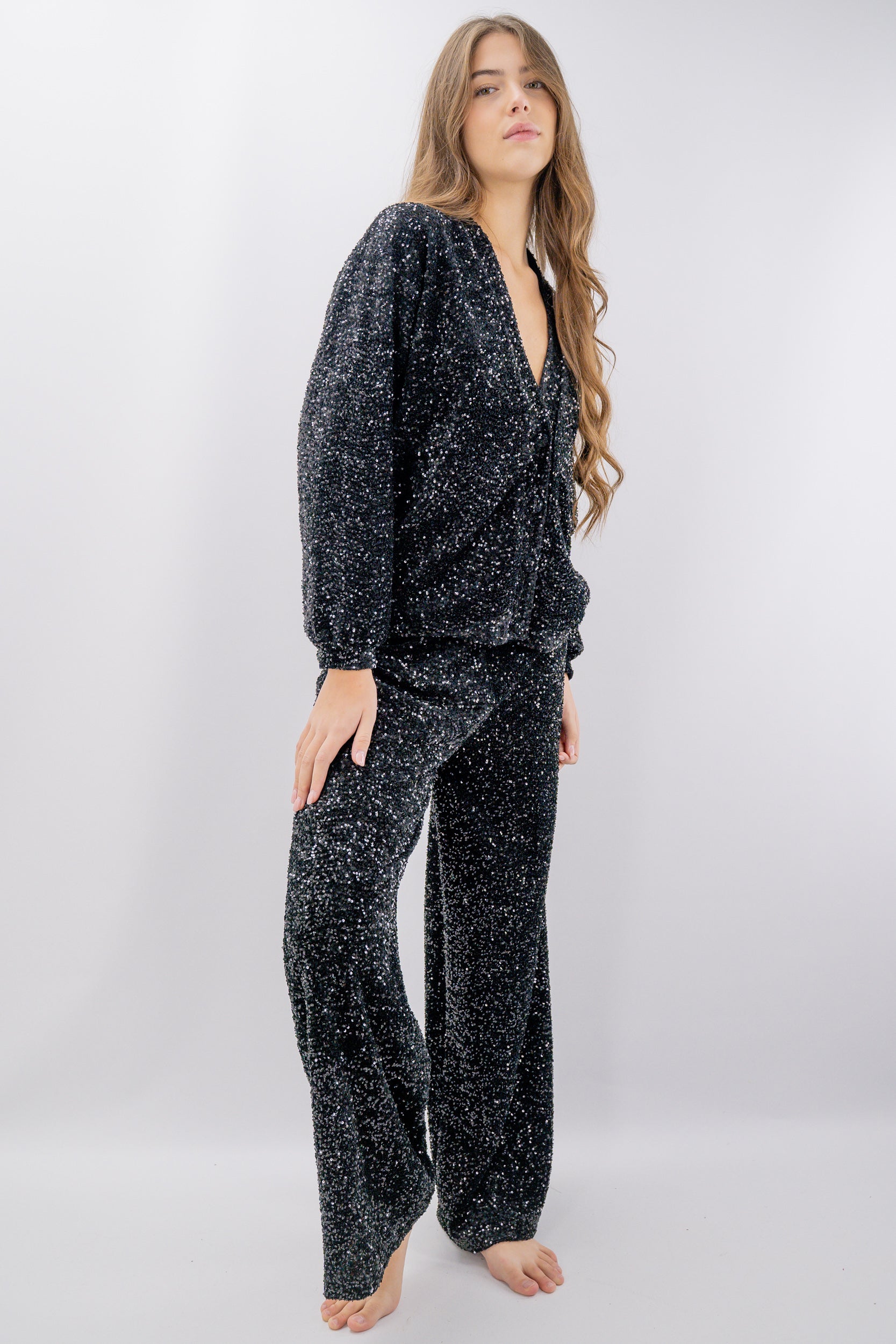 Pantalone palazzo con micro-paillettes