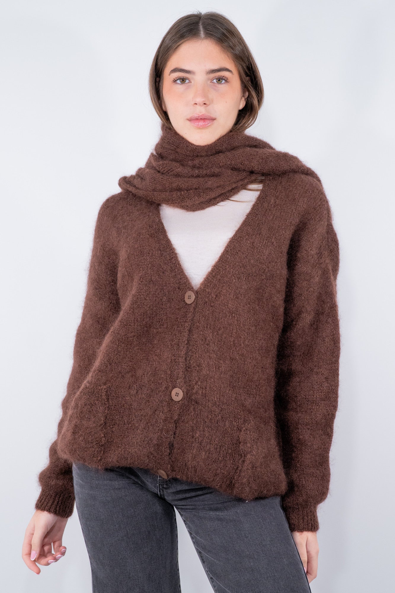 Cardigan con sciarpa in super kid mohair