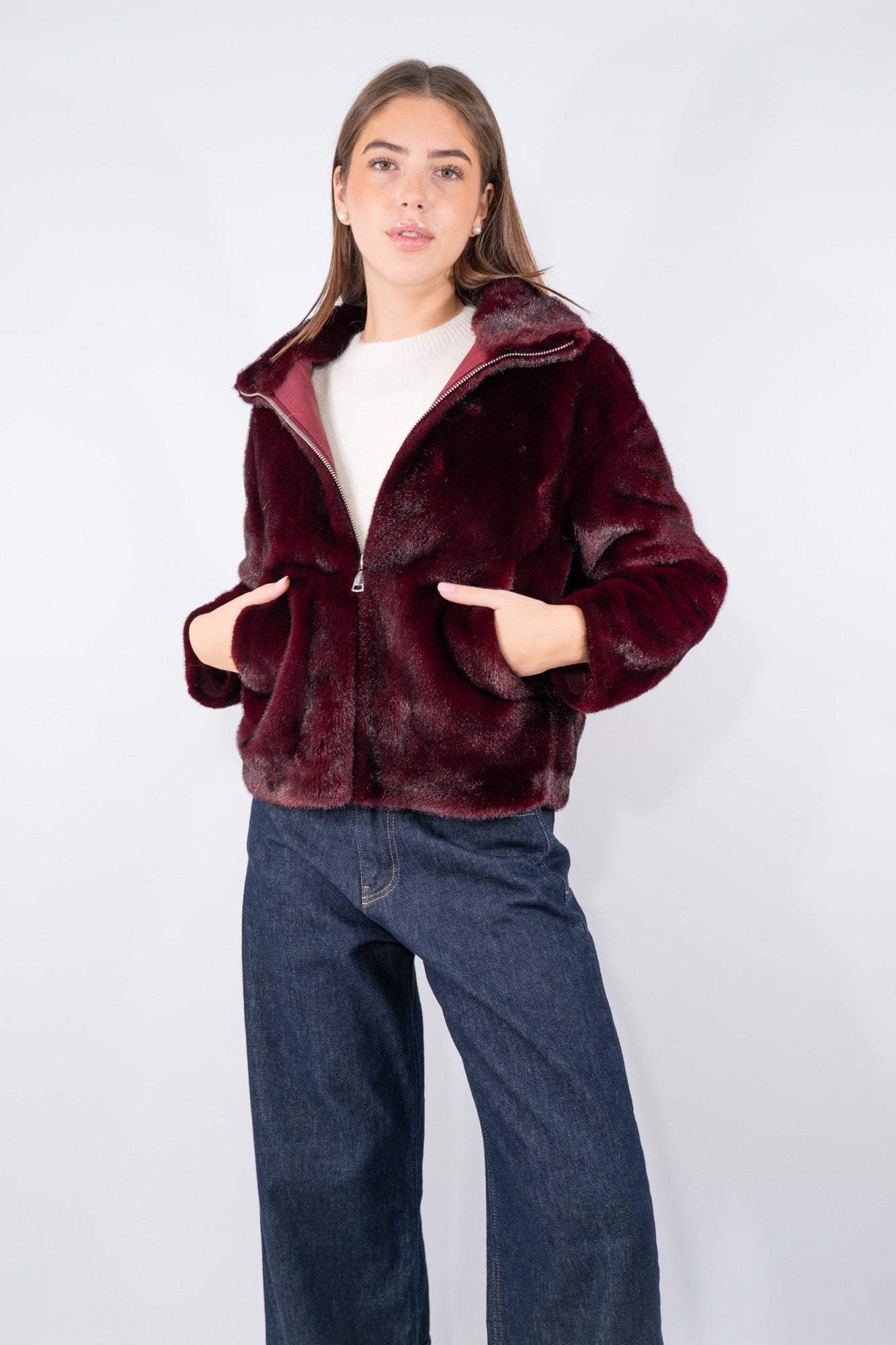 Eco-pelliccia bomber con zip