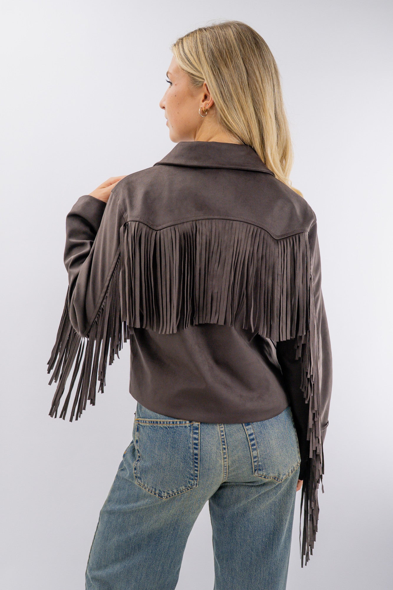 Giacca biker effetto alcantara con frange