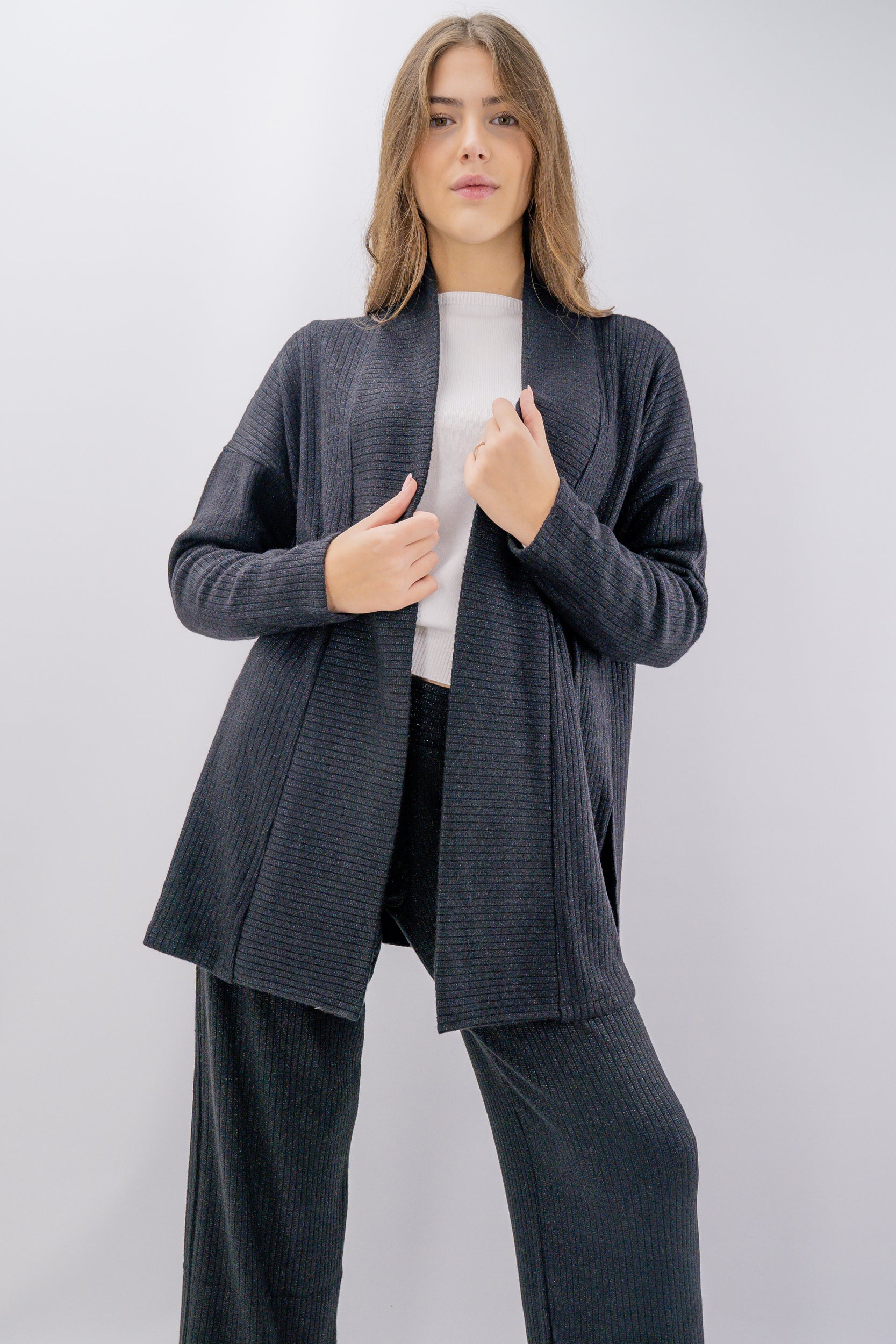 Cardigan aperto a costine in lurex