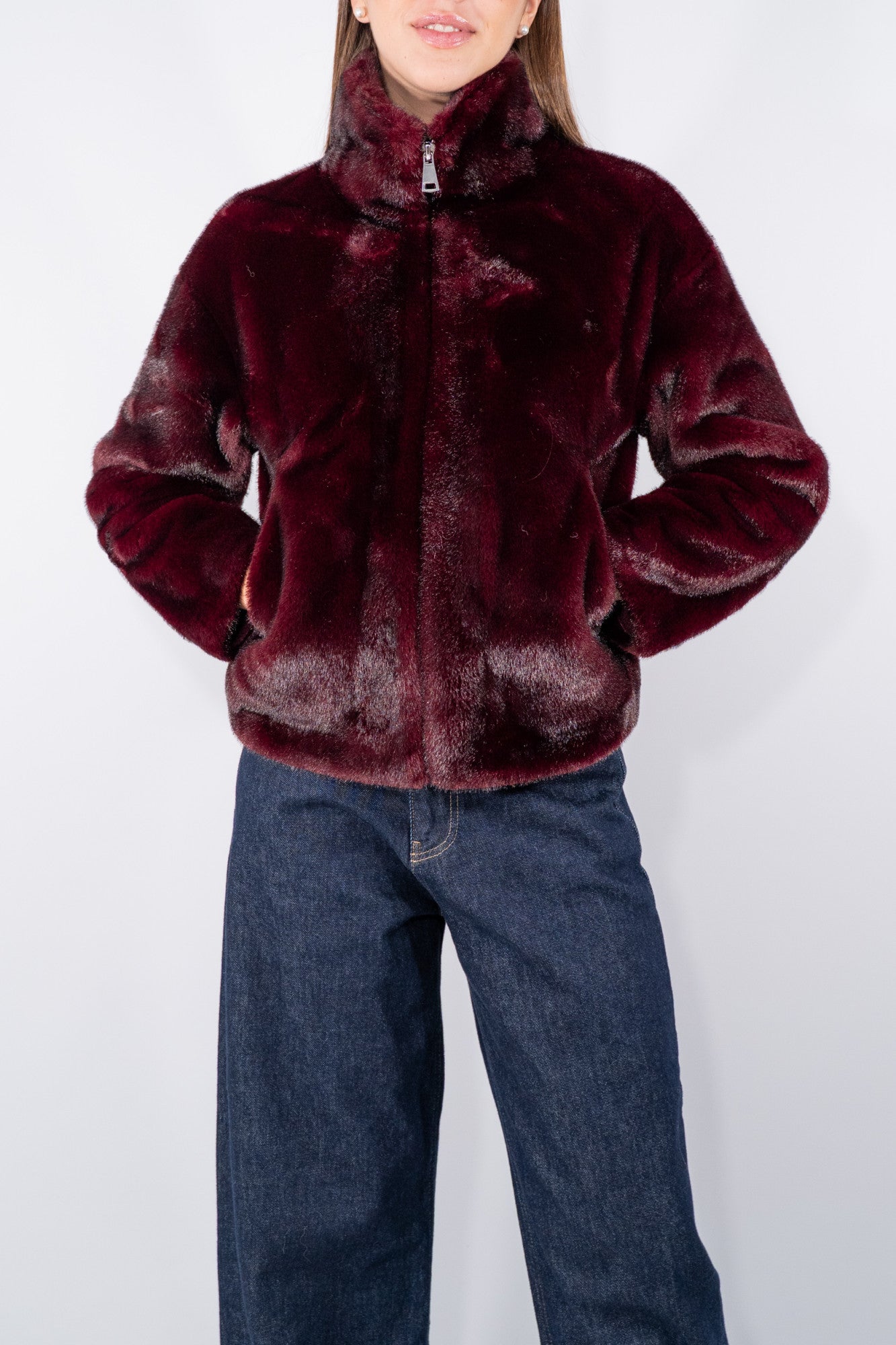 Eco-pelliccia bomber con zip