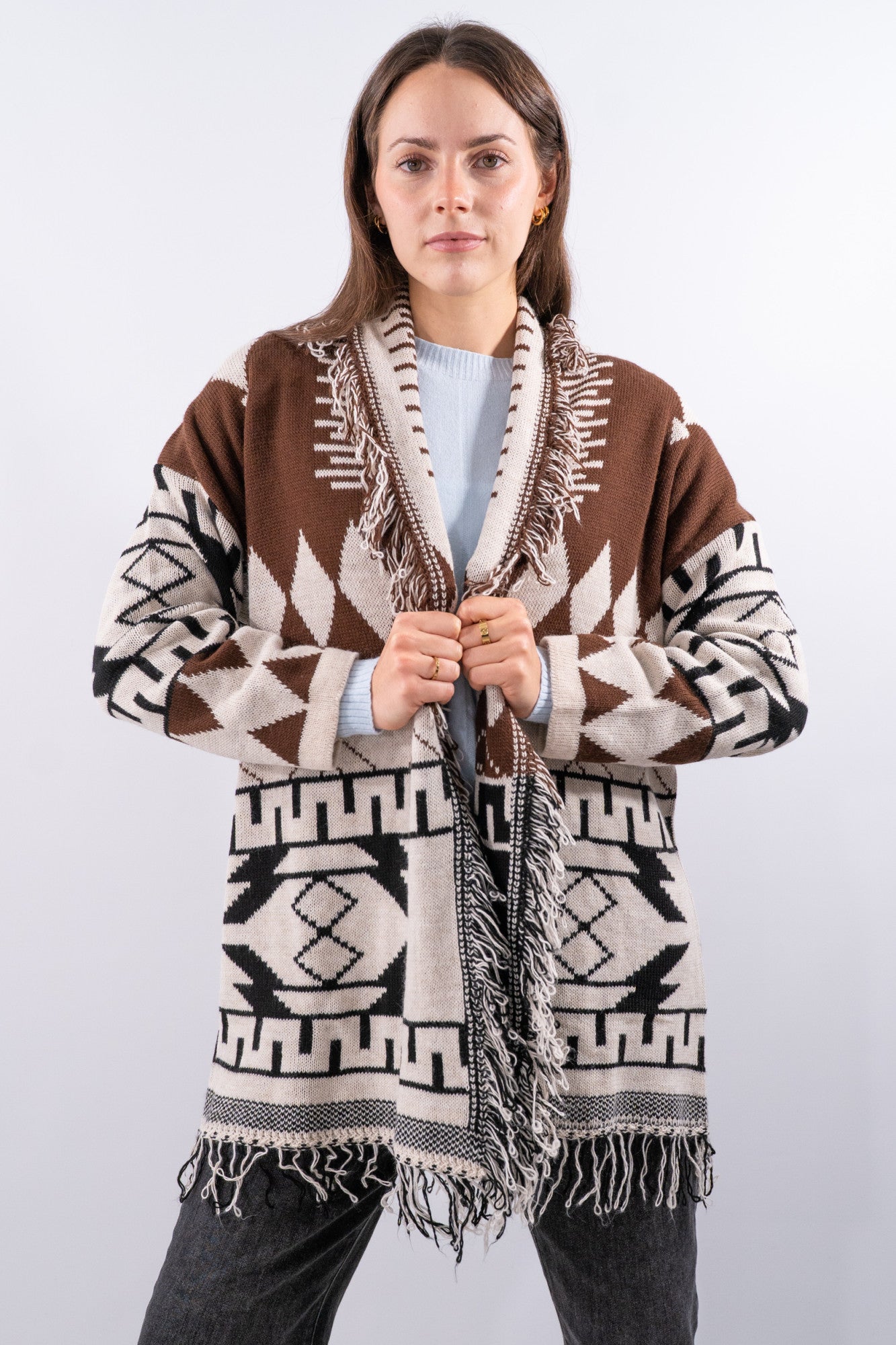 Cardigan aperto lungo con frange a contorno