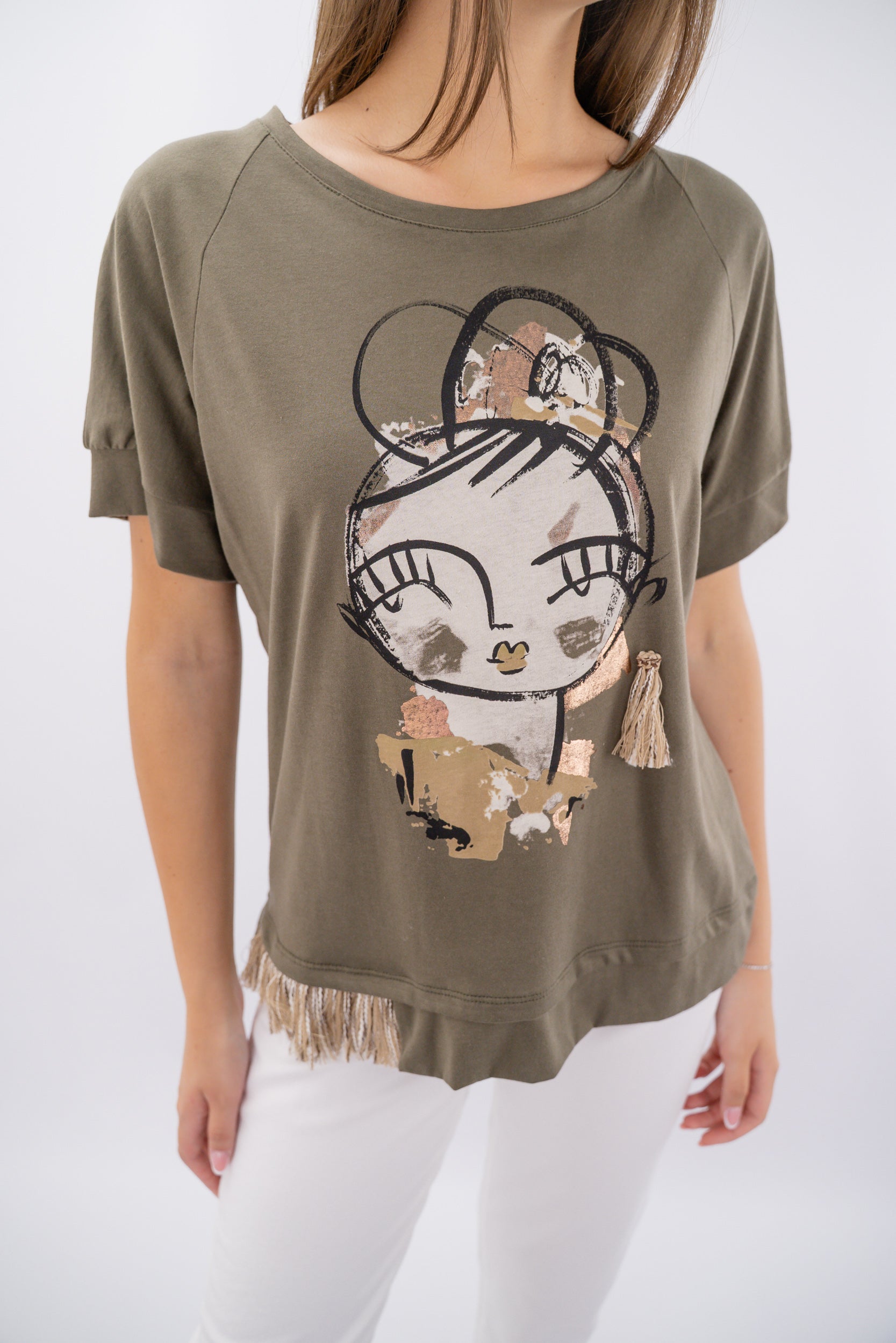 T-shirt con stampa e dettaglio frange