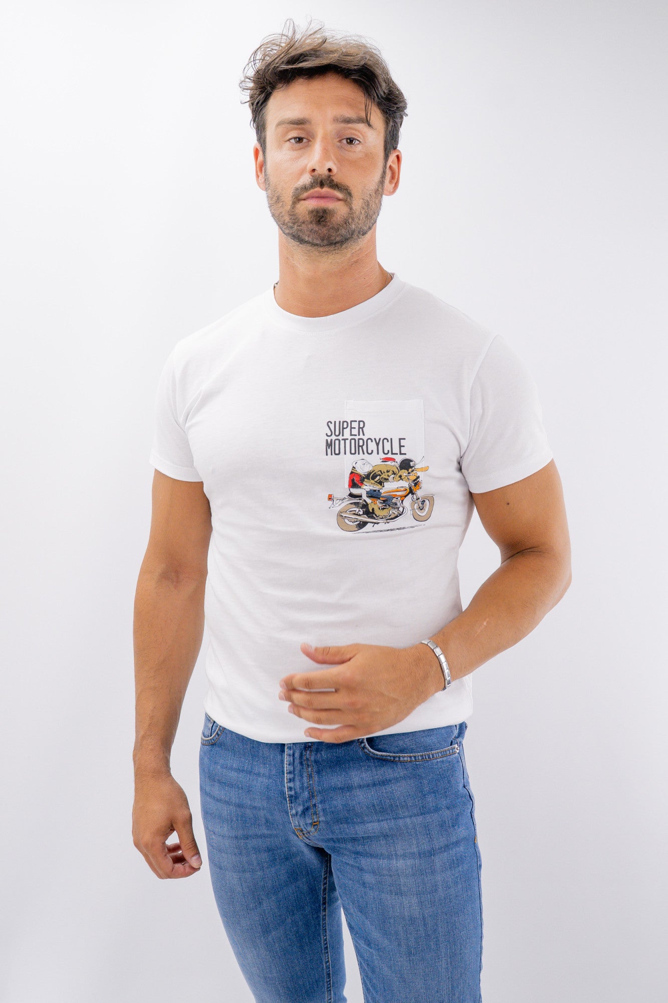 T-shirt "Super Motocycle" con taschino in cotone